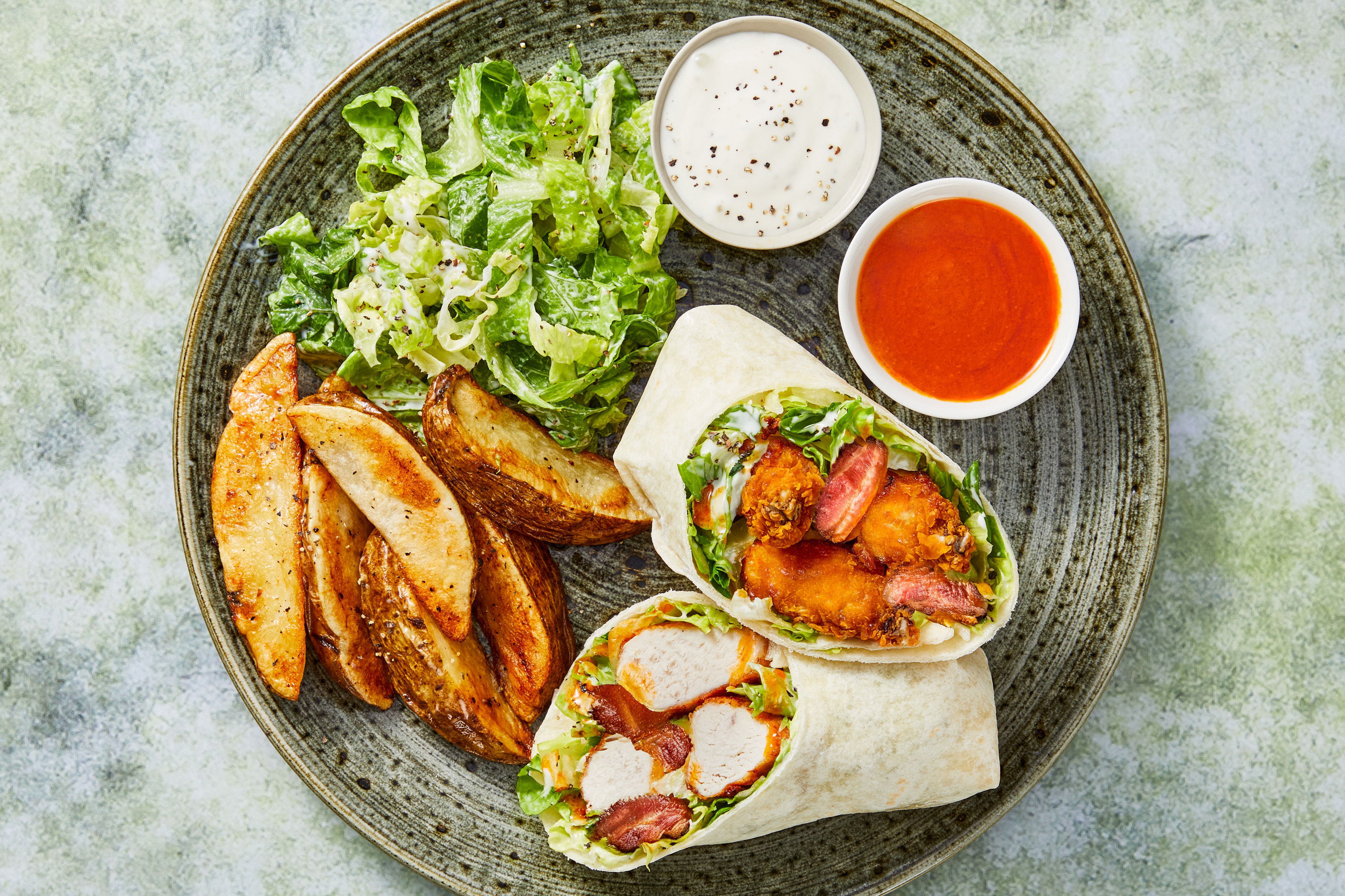 Spicy Buffalo Fried Chicken & Bacon Wraps