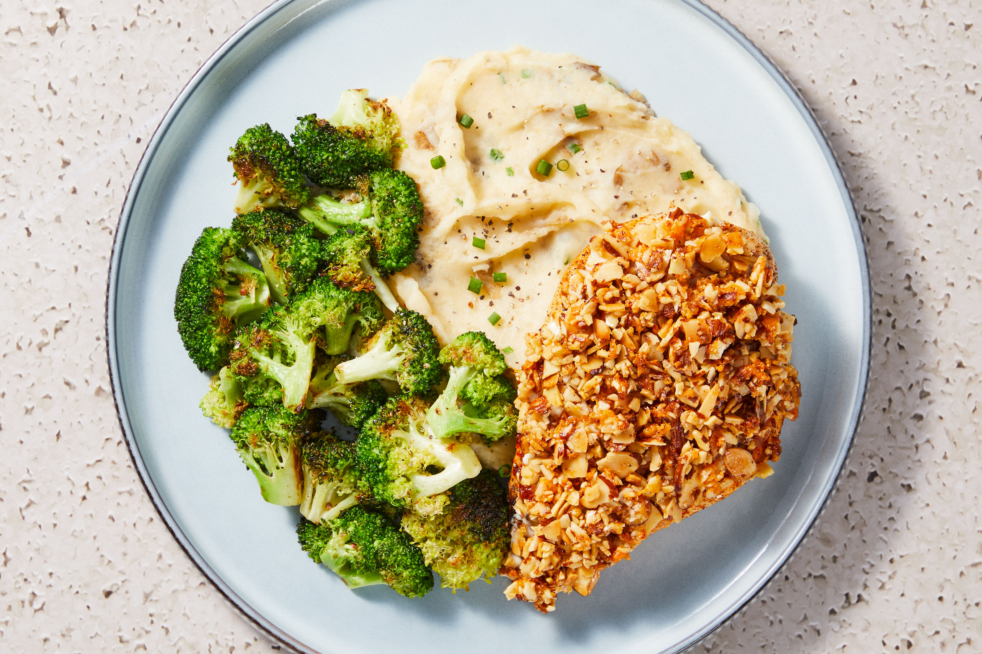 Crispy Cheddar Chicken, Mashed Potatoes & Brussels