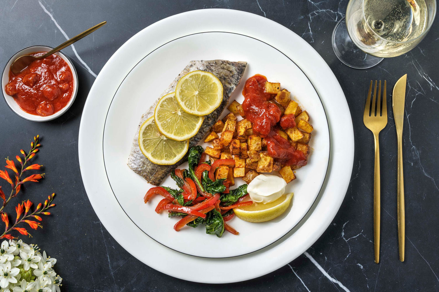 Lemon Sea Bass and Chorizo Patatas Bravas Recipe HelloFresh