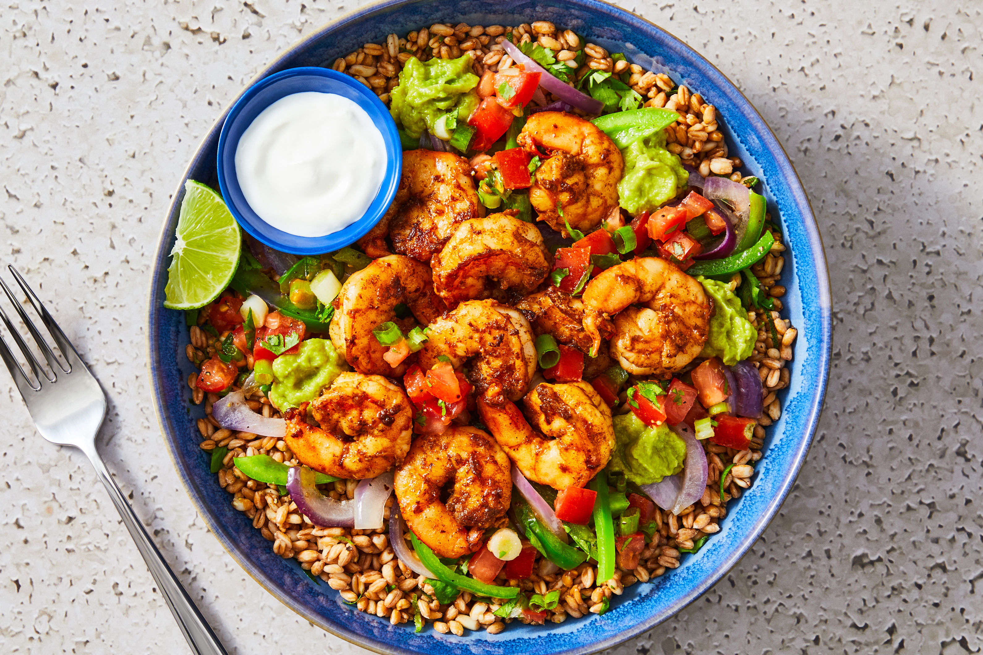 Fajita Spiced Shrimp & Farro Bowls