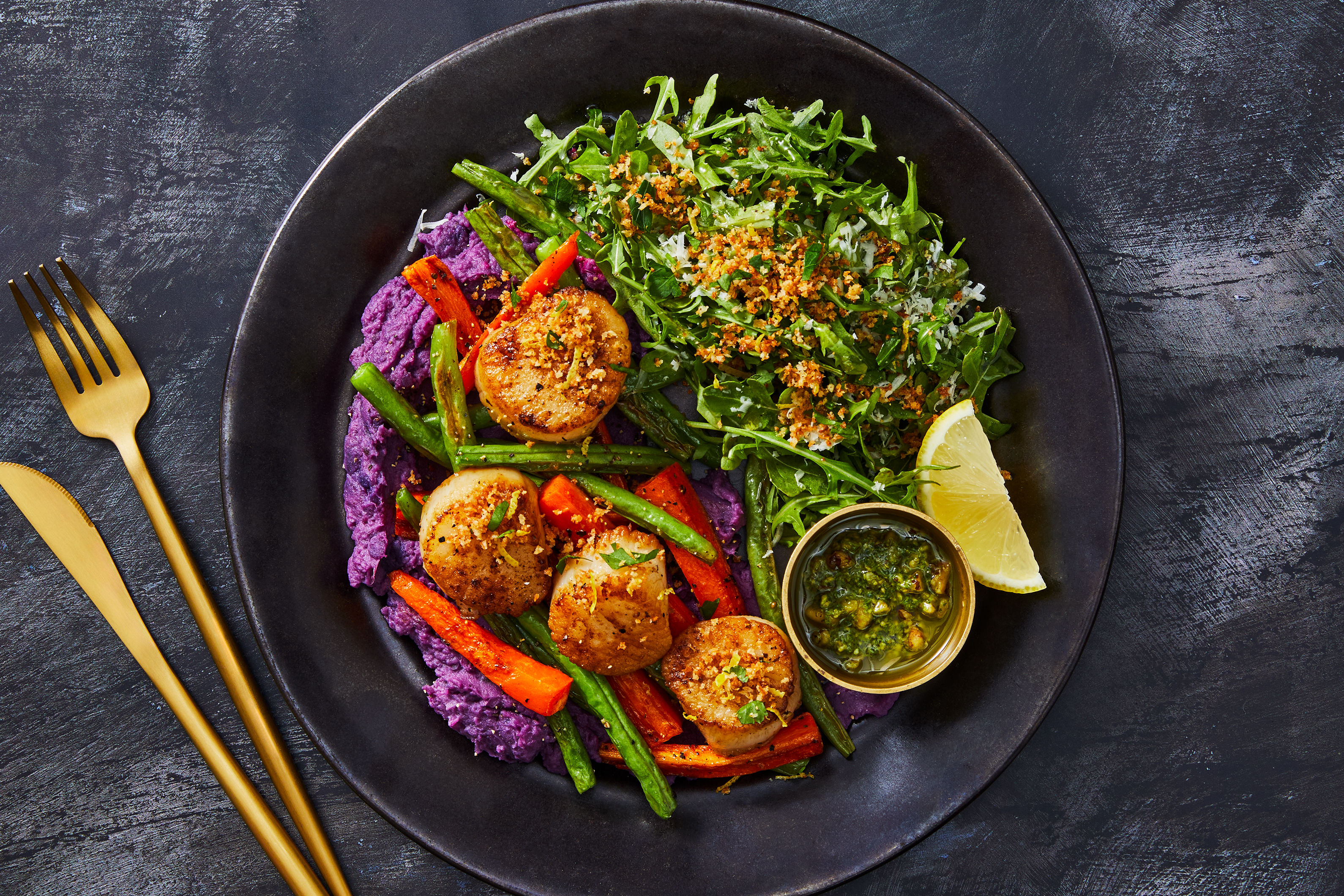 Walnut Pesto Scallops & Purple Sweet Potato Purée Recipe | HelloFresh