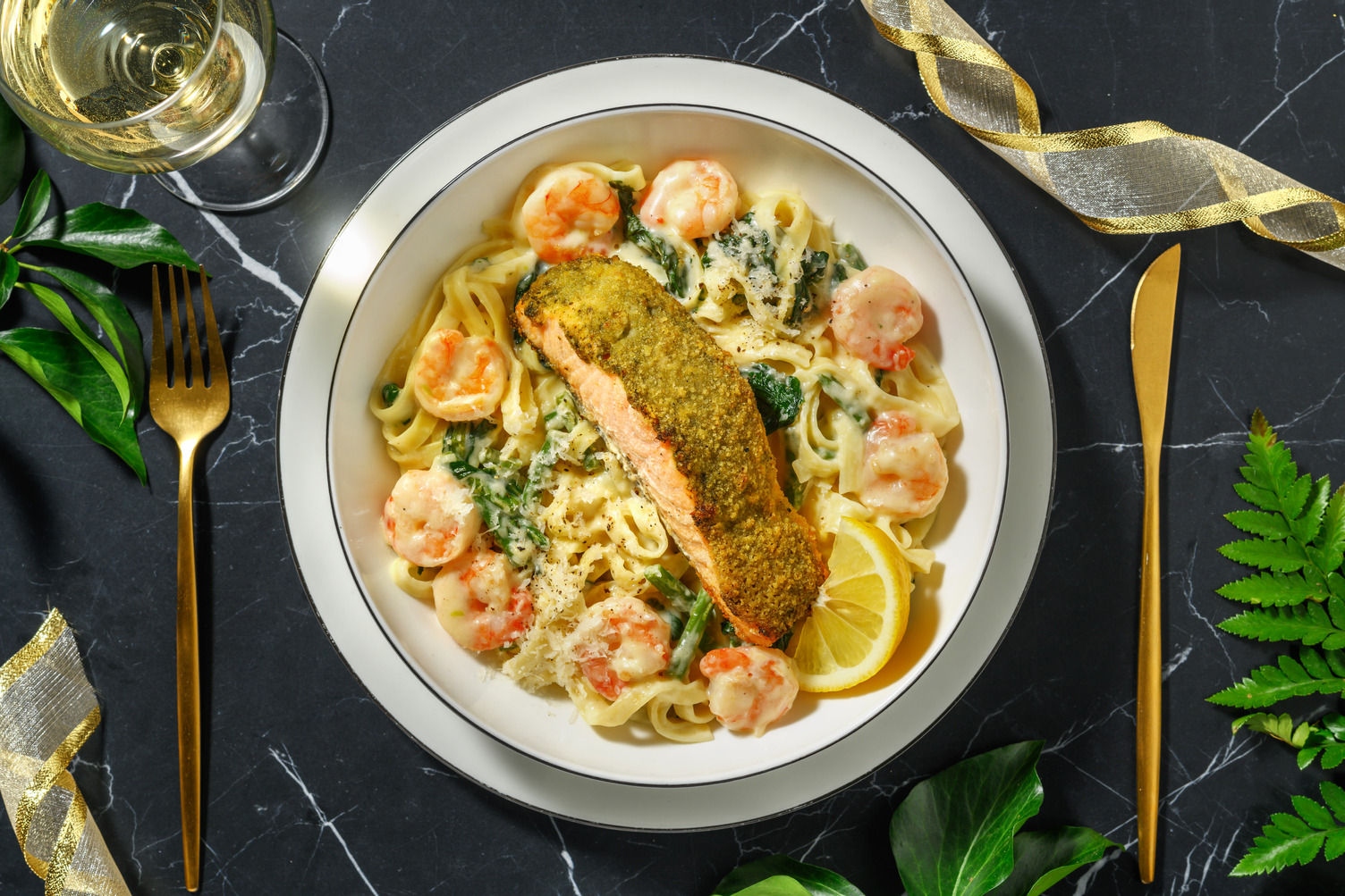 NYE Pesto Salmon on Creamy King Prawn Tagliatelle Recipe HelloFresh