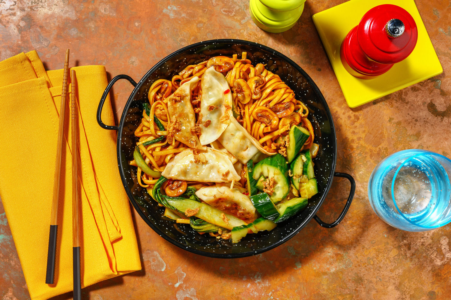 Sticky Veggie Udon Noodles and Sweet Chilli Gyozas Recipe HelloFresh