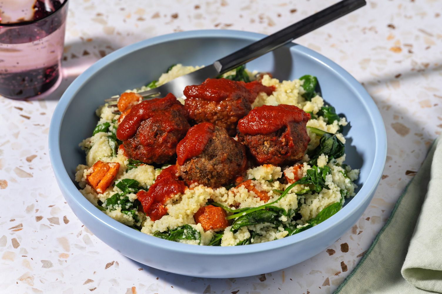 Double Baked Beef Meatballs & Roast Veg Couscous Recipe | HelloFresh