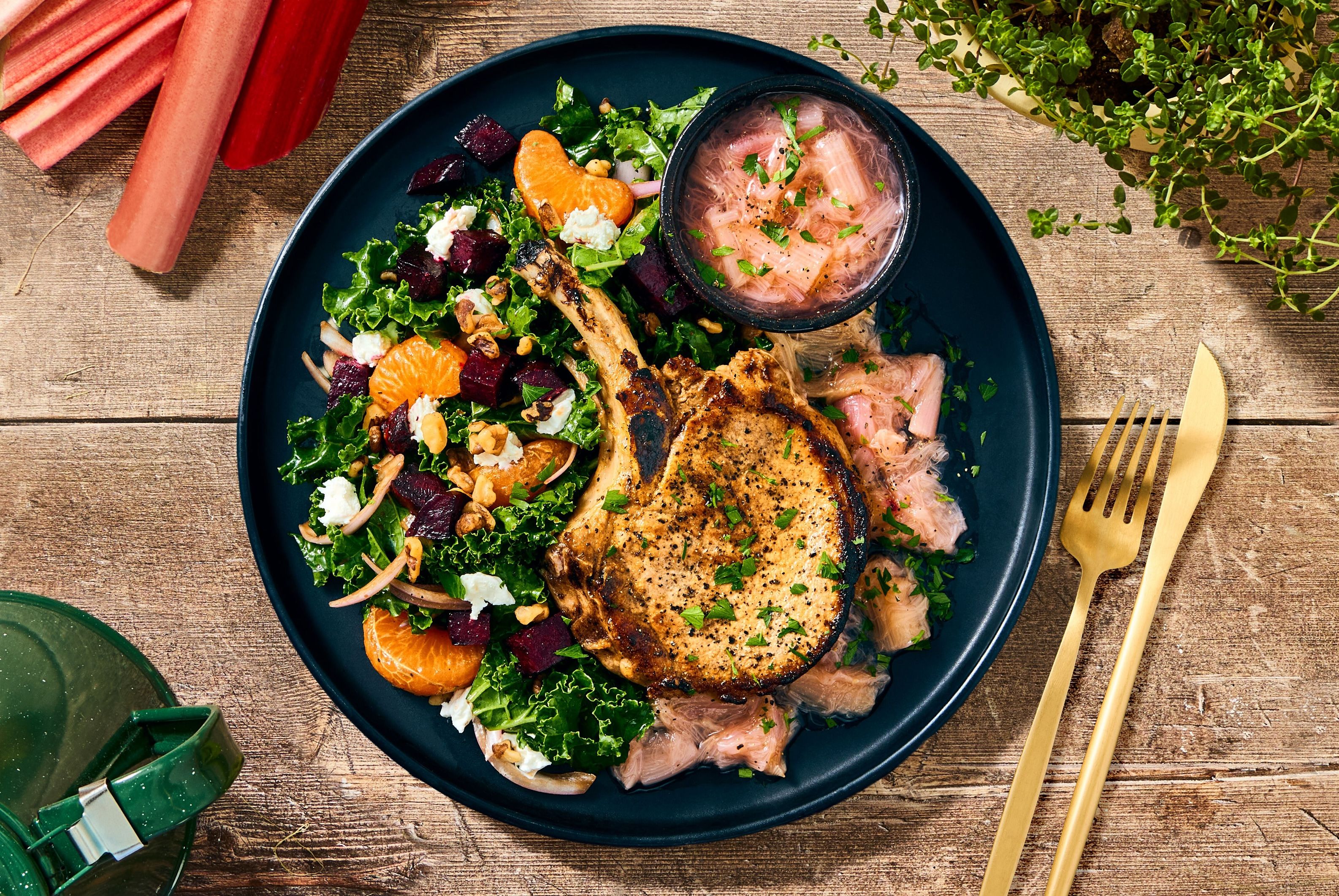 Hello Chop Bone-In Pork Chops with Beet Salad and Rhubarb Compote Recipe | HelloFresh