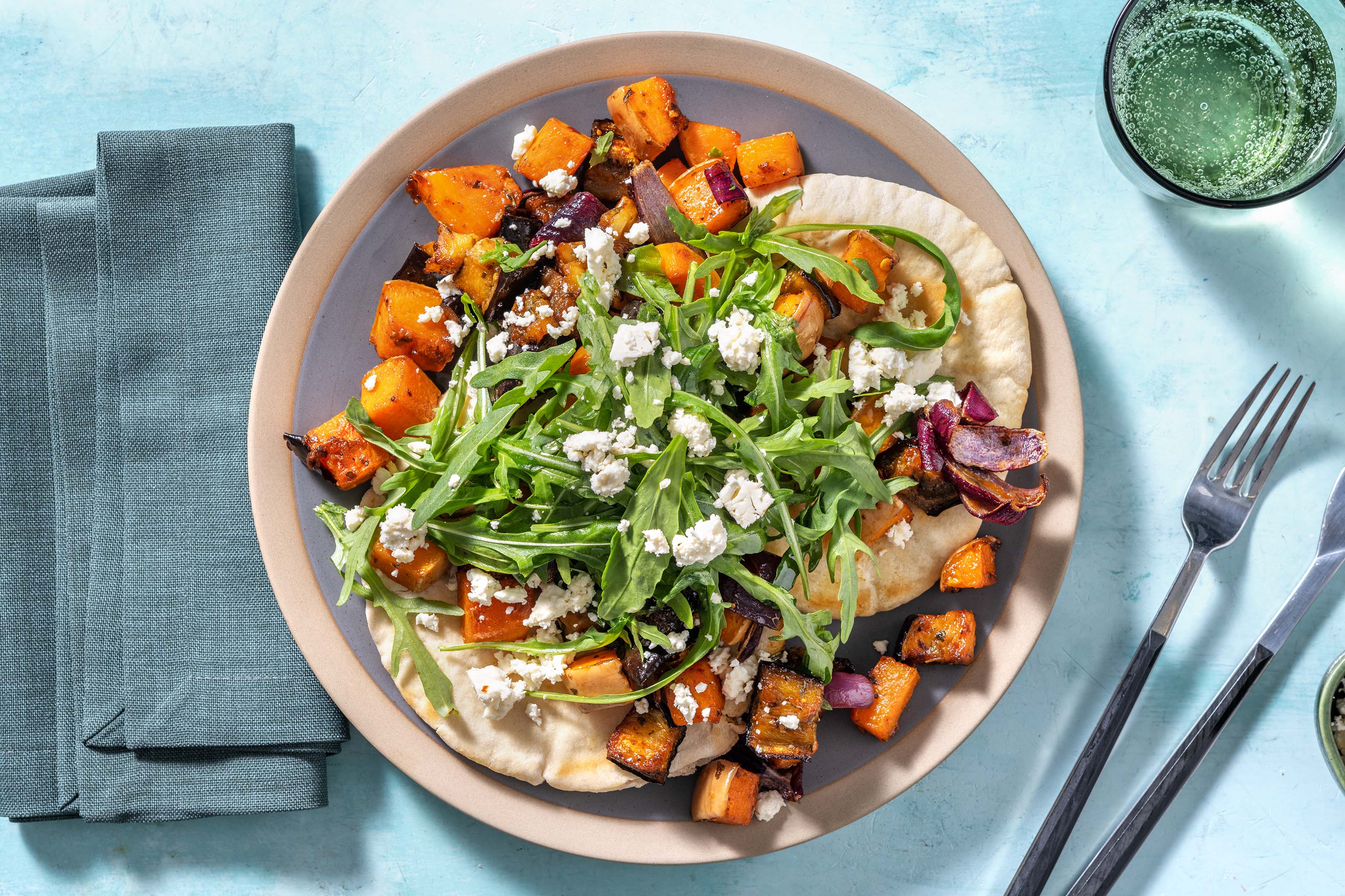 Baharat Roasted Butternut and Aubergine on Flatbreads Recipe HelloFresh