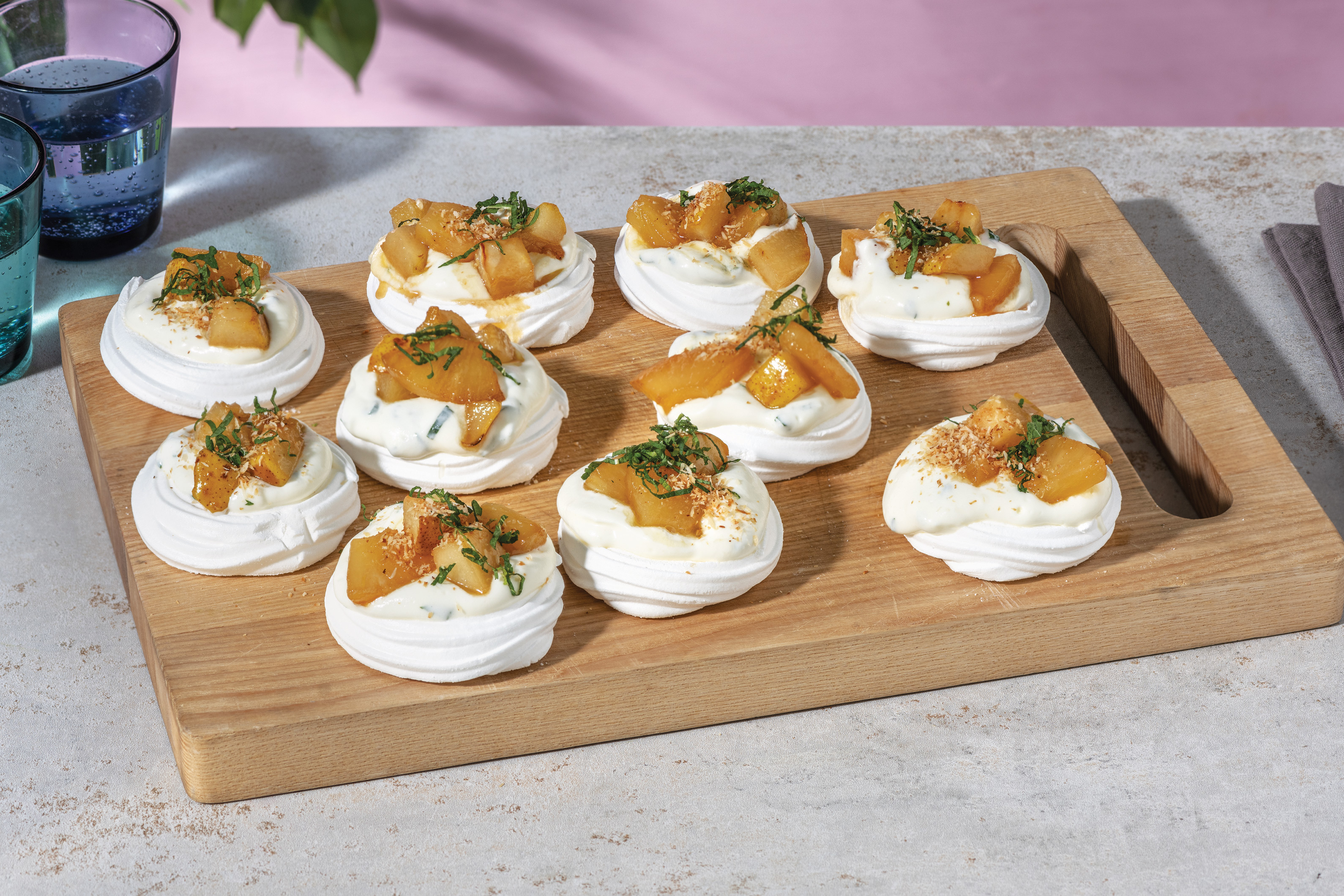 Caramelised Pineapple & Pear Pavlovas With Mint Cream & Toasted Coconut ...