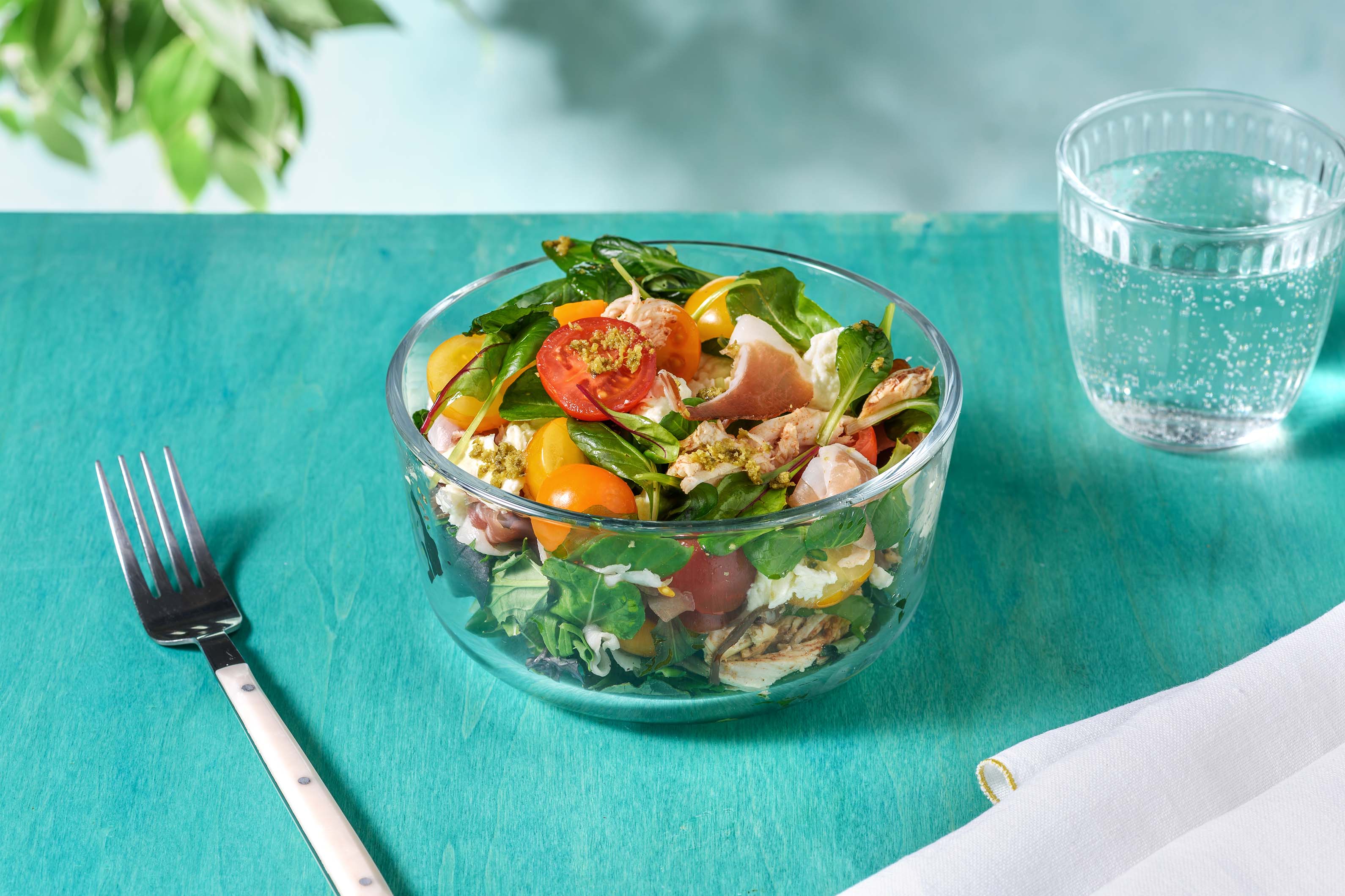 Chicken, Serrano Ham, Mozzarella Salad with Tomatoes & Pesto Dressing