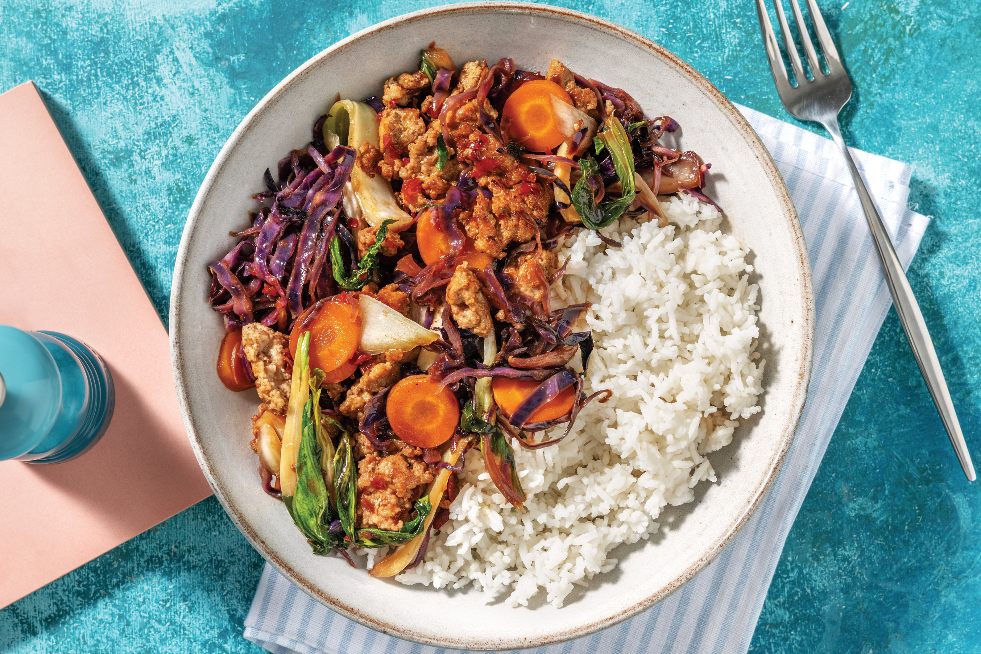 Chilli Jam Ginger Pork Veggie Stir Fry with Nutty Garlic Rice