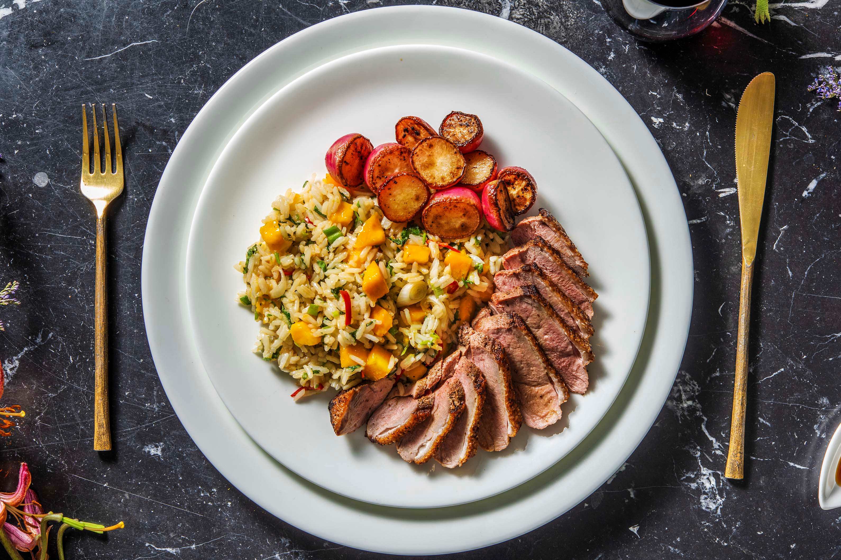 Chinese 5 Spice Duck with Rice and Mango Salad Recipe HelloFresh
