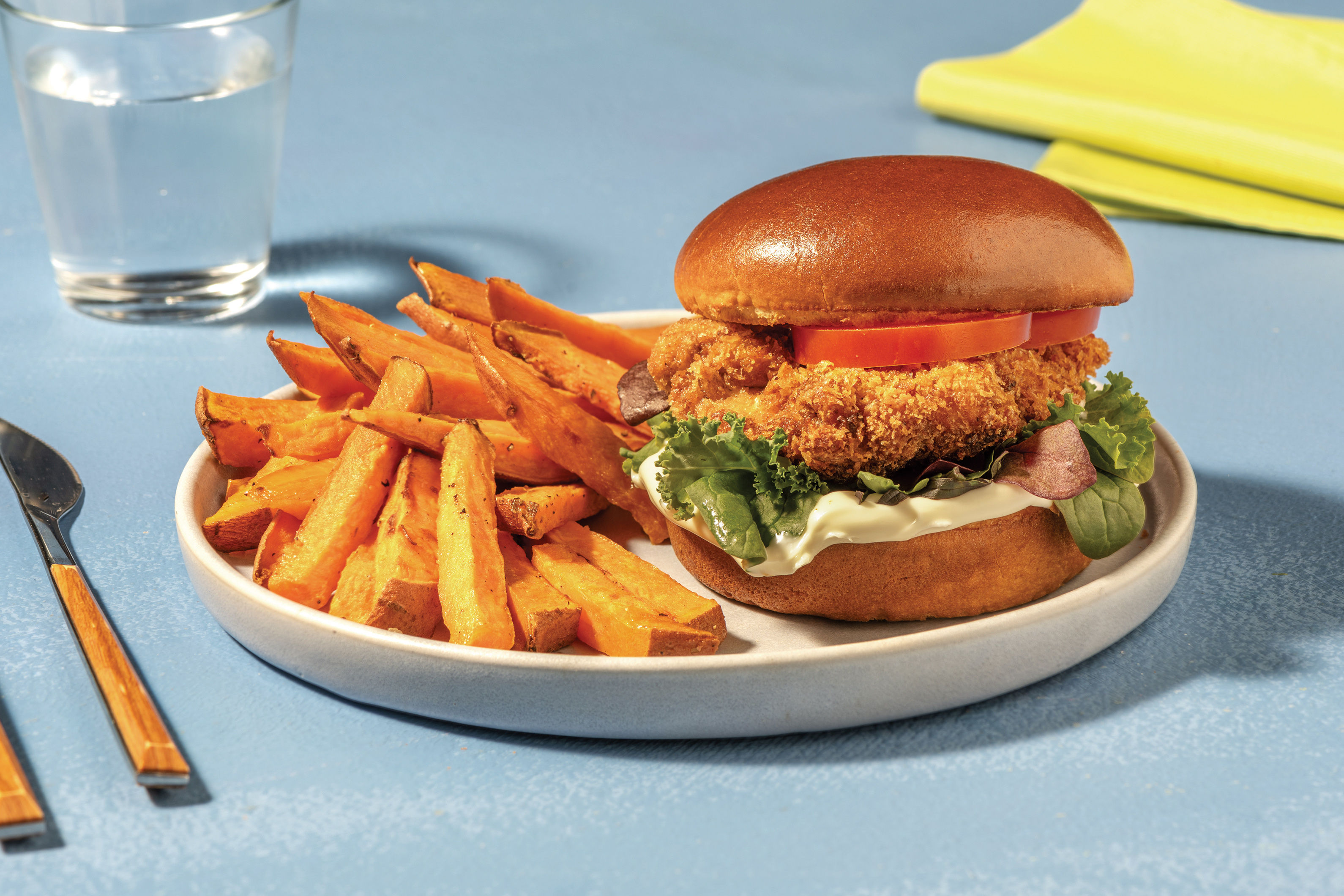 Parmesan Crumbed Chicken Burger with Sweet Potato Fries & Mayo Recipe