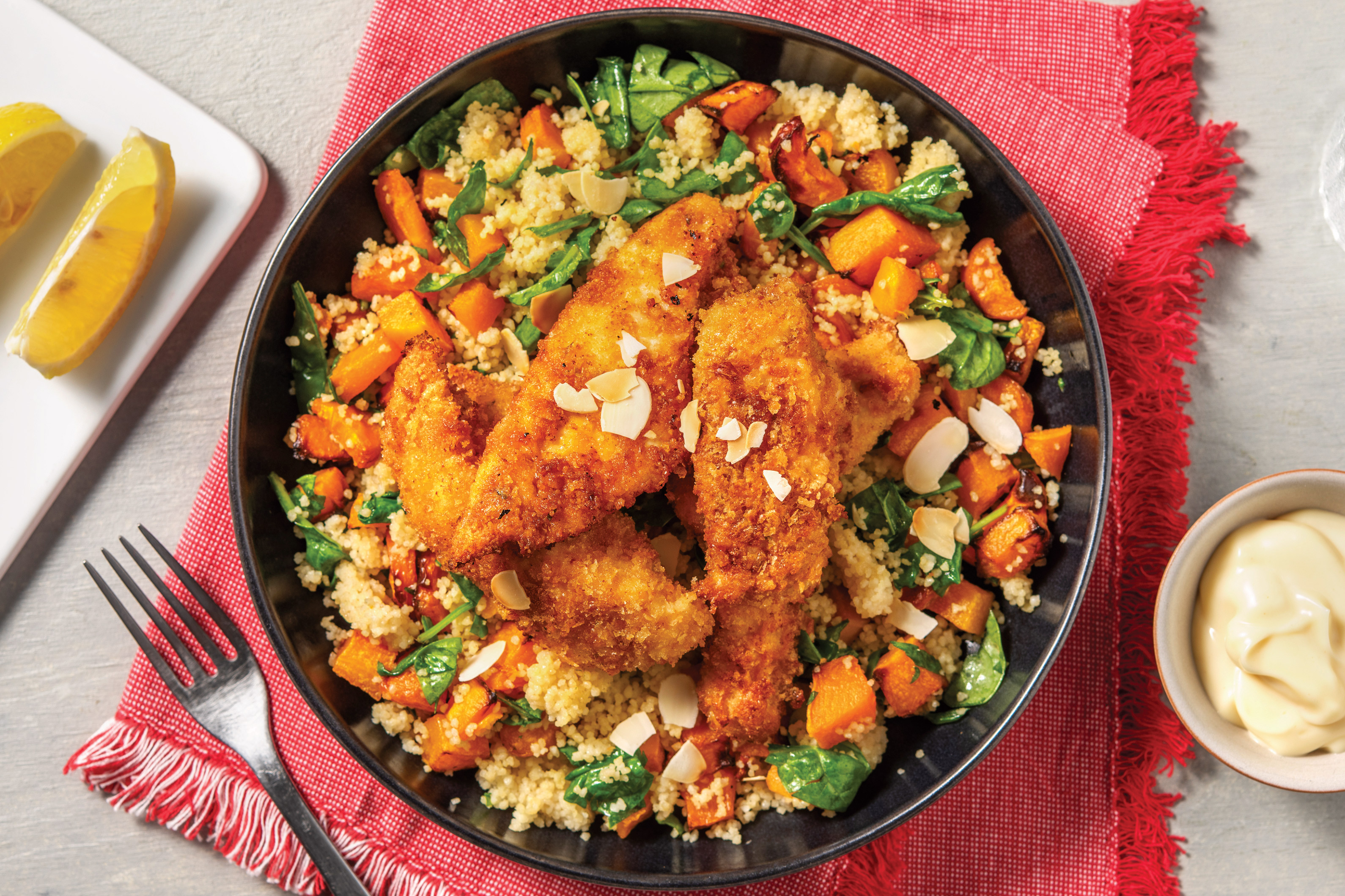 Quick Crumbed Chicken & Lemony Roast Veggie Couscous Recipe HelloFresh