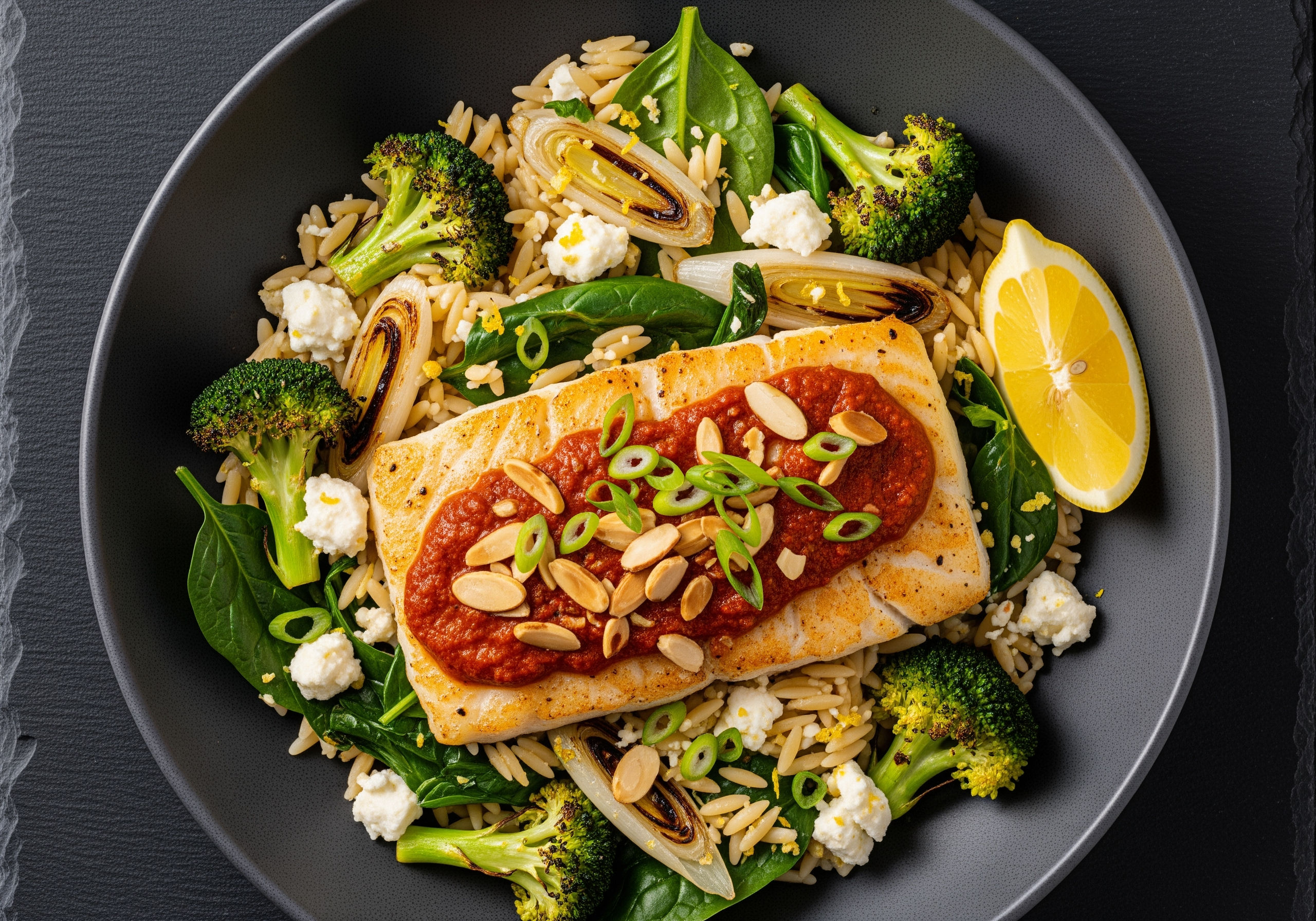 [PROTEIN DOUBLE ICELANDIC COD] Roasted Cod with Romesco Sauce, Scallion ...
