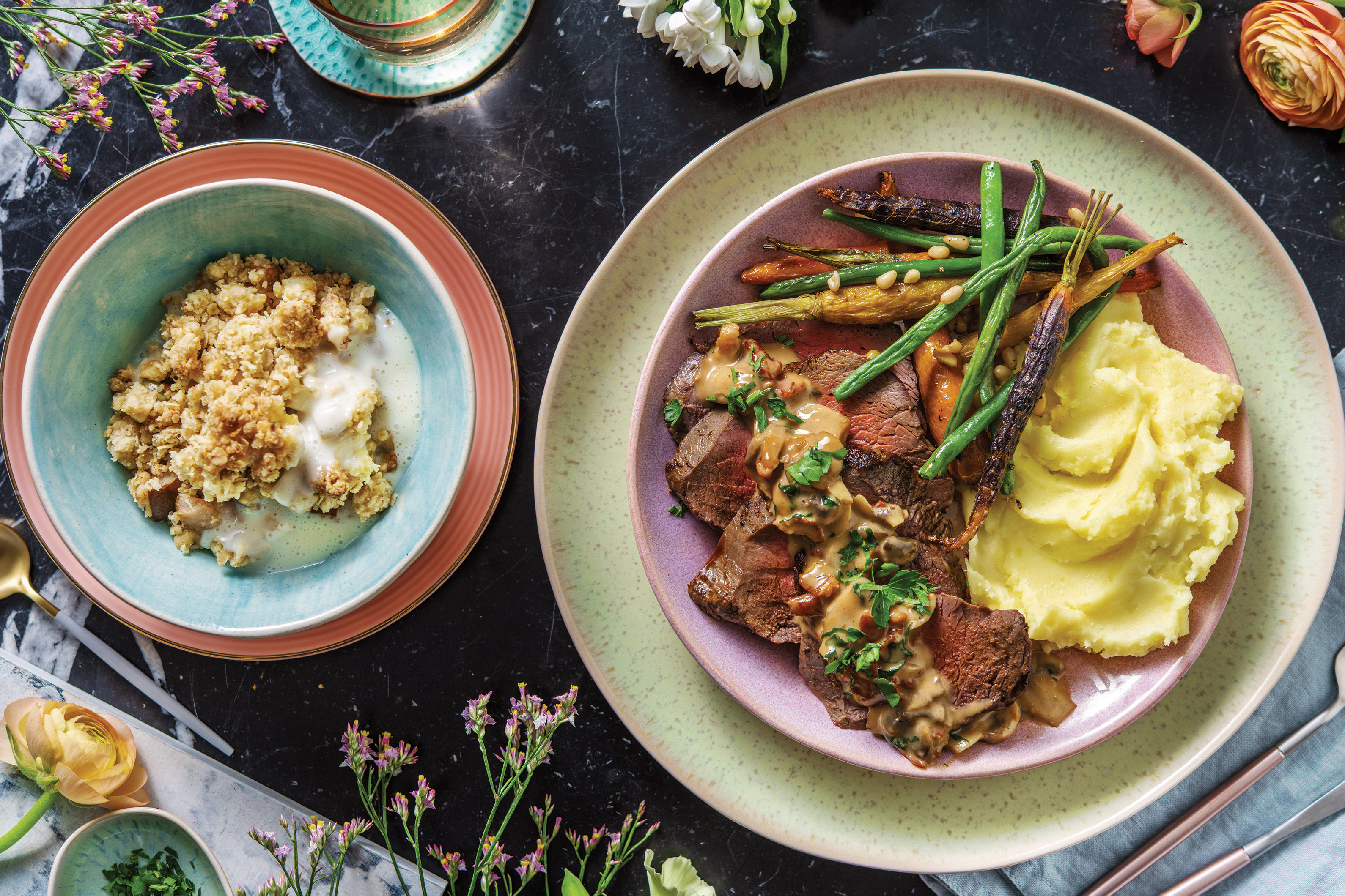 Fillet Steak & Creamy BaconMushroom Sauce with Golden Fries & Nutty