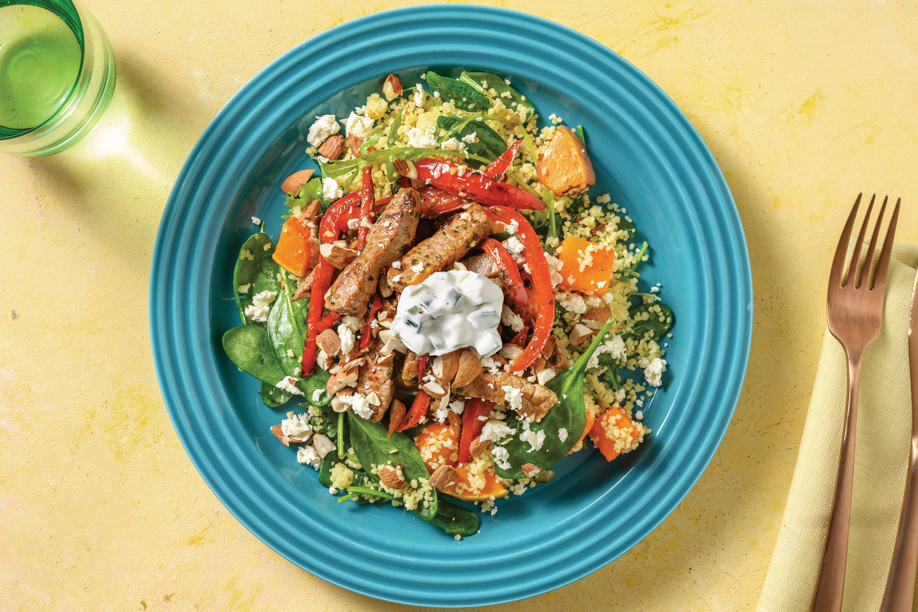 Garlic Beef & Veggie Couscous with Tzatziki & Fetta Recipe HelloFresh