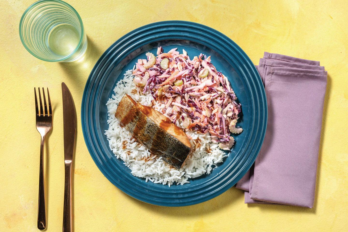 Hoisin & GingerBaked Salmon with Butter Rice & Creamy Slaw Recipe
