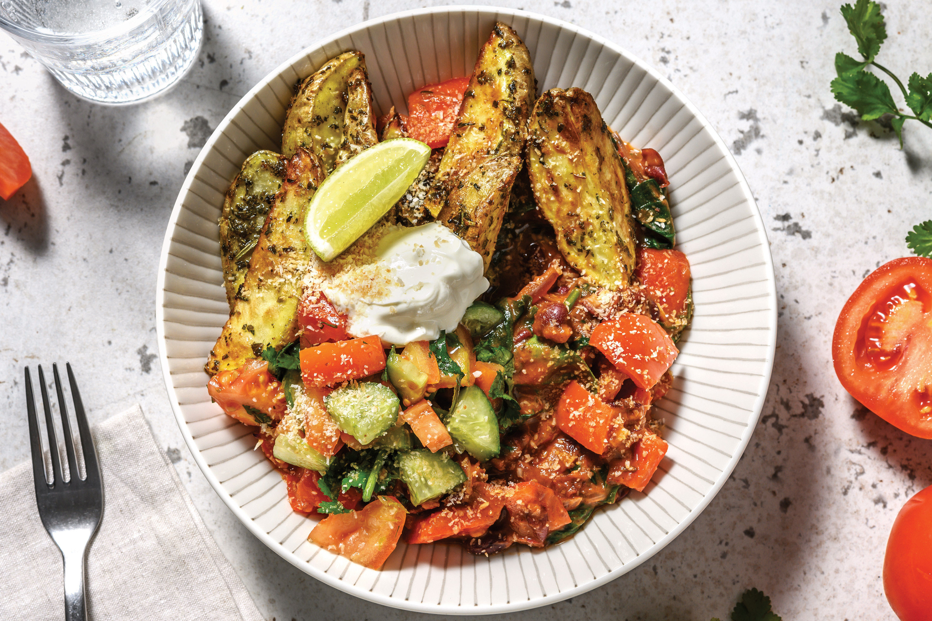 Caribbean Bean Bowl & Herby Wedges with Salsa, Toasted Coconut & Lime