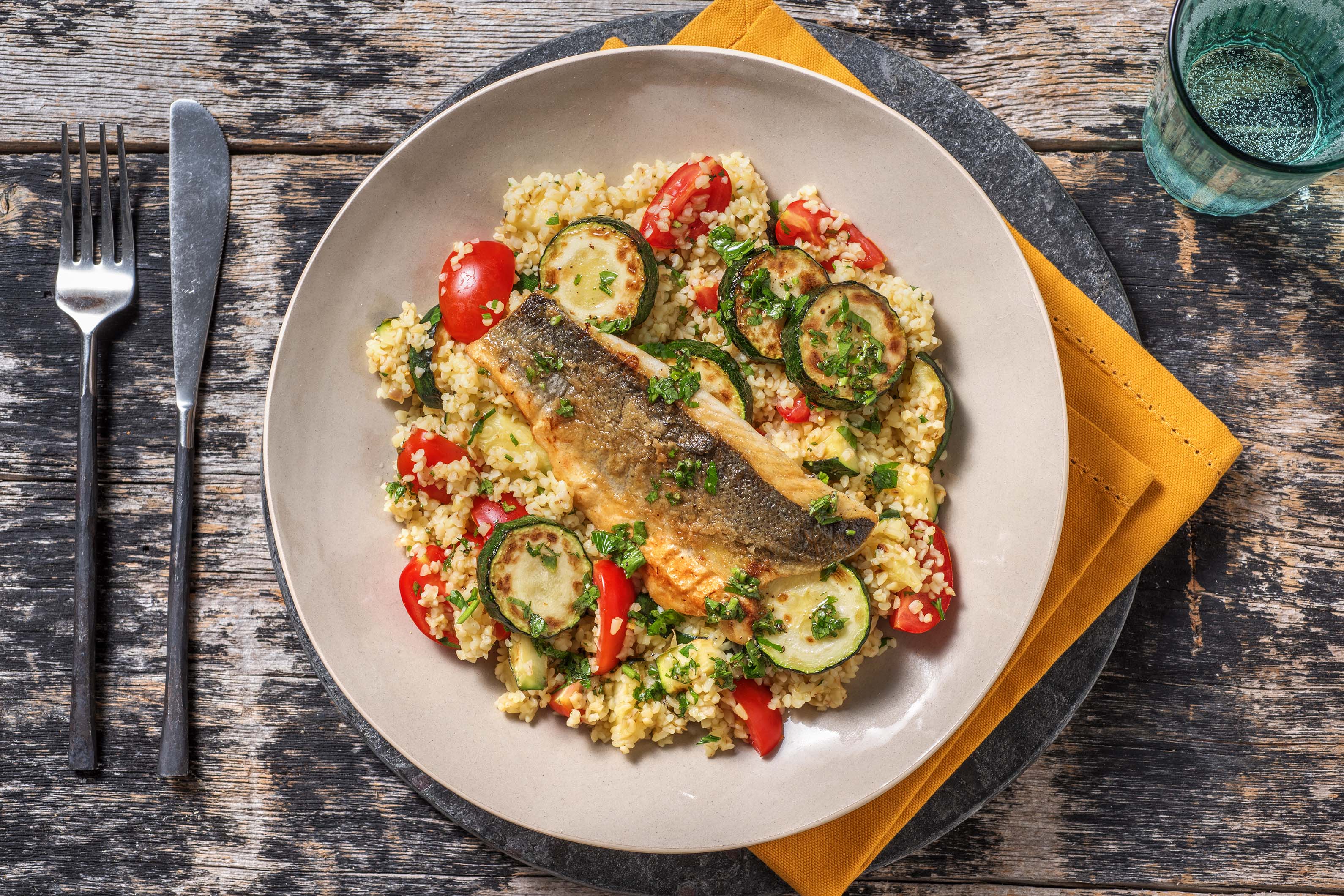 Sea Bass with Bulgur & Courgettes Recipe HelloFresh