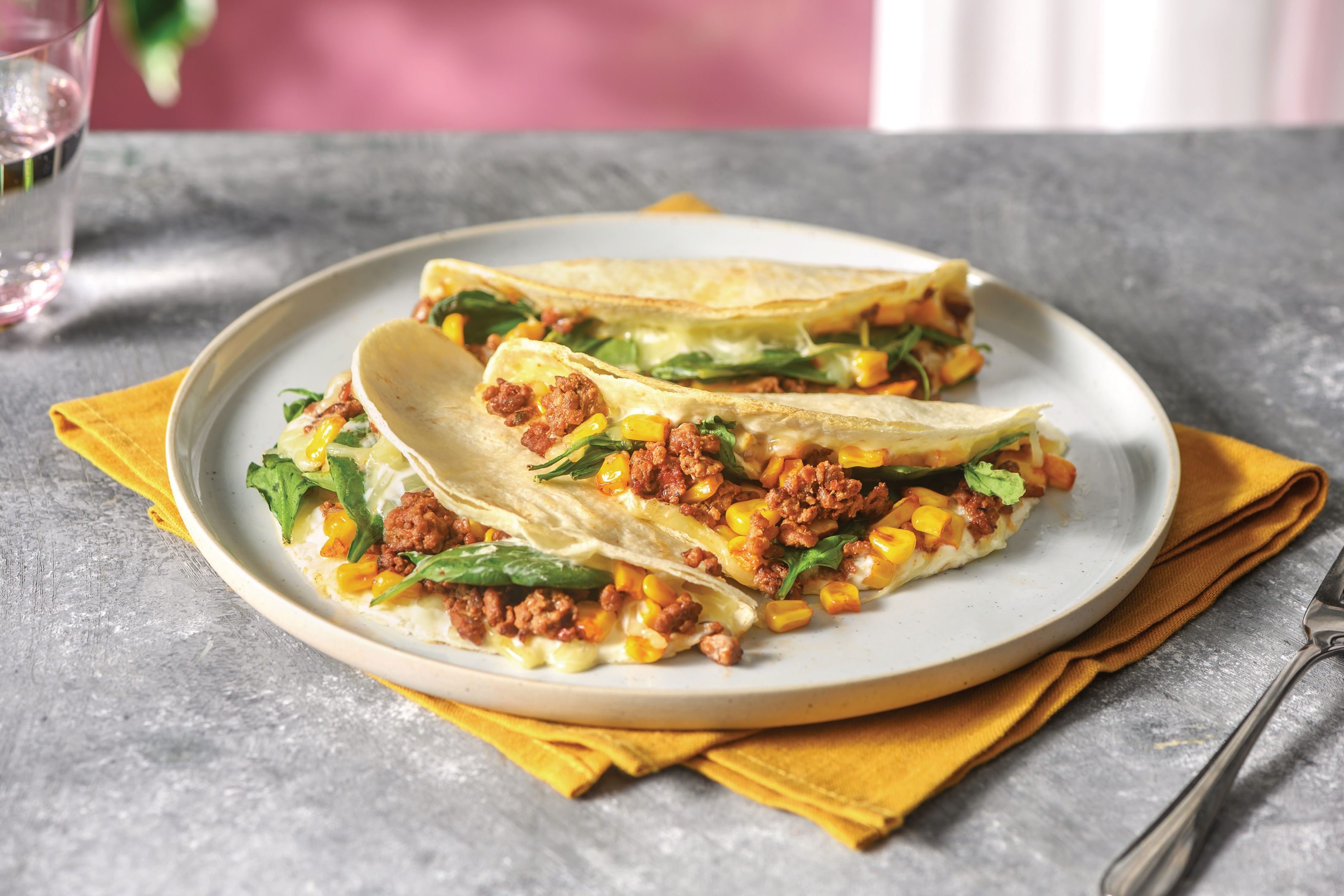 Mexican Beef & Sweetcorn Quesadilla with Cheddar Cheese & Sour Cream