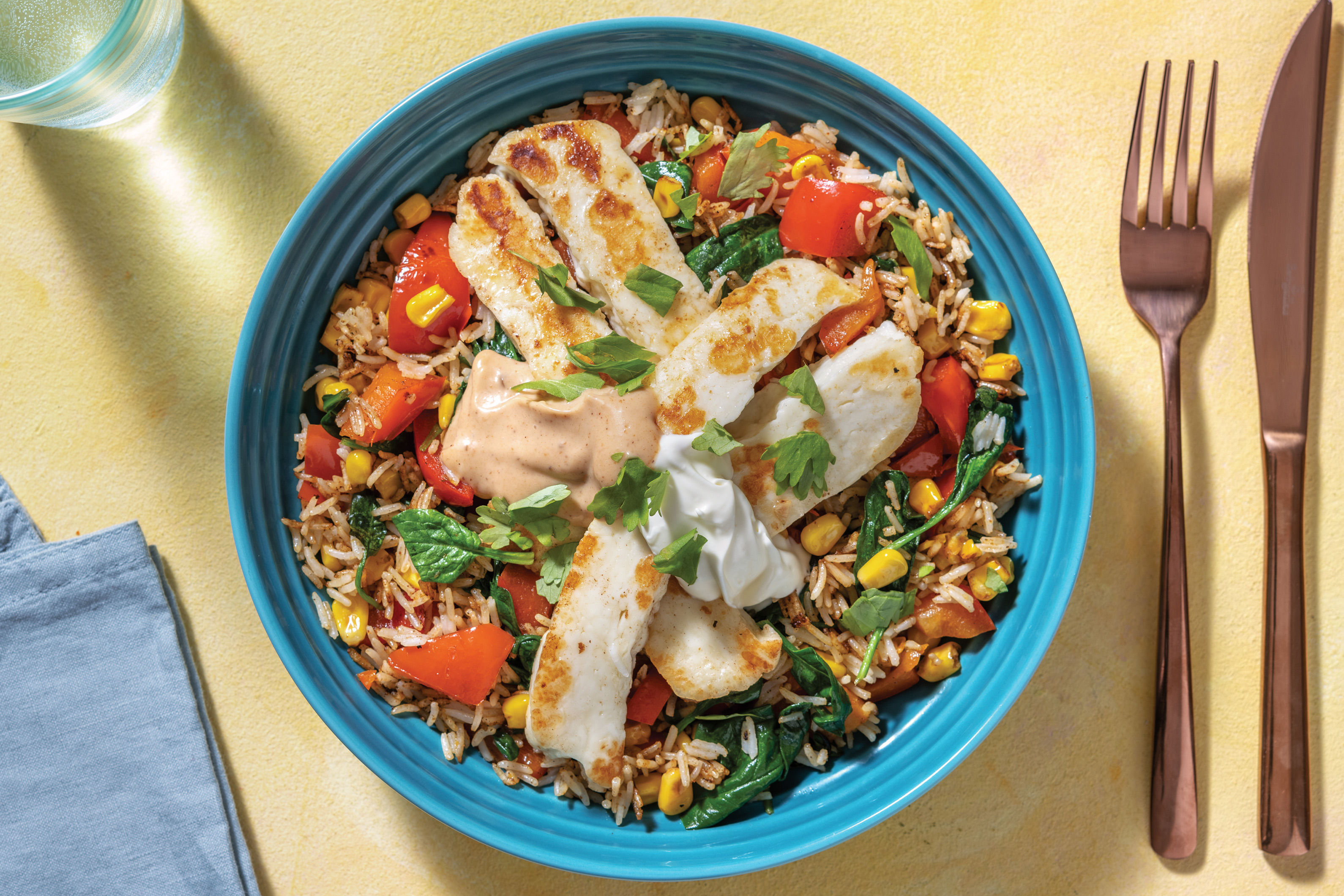 Mexican Haloumi & Corn Rice Bowl with BBQ Mayo & Sour Cream Recipe