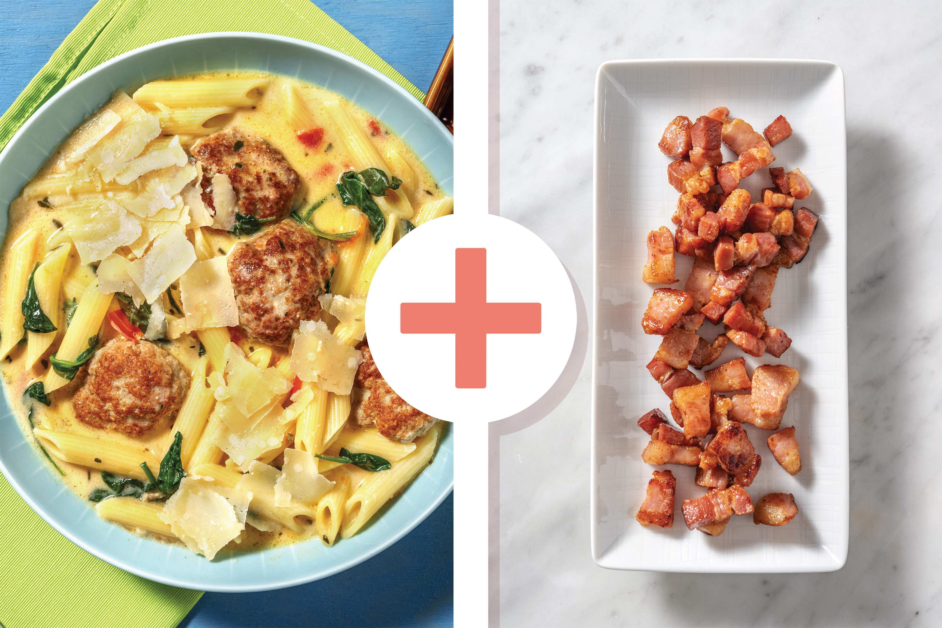 OnePot Cheesy Chicken Rissoles & Bacon Penne Recipe HelloFresh