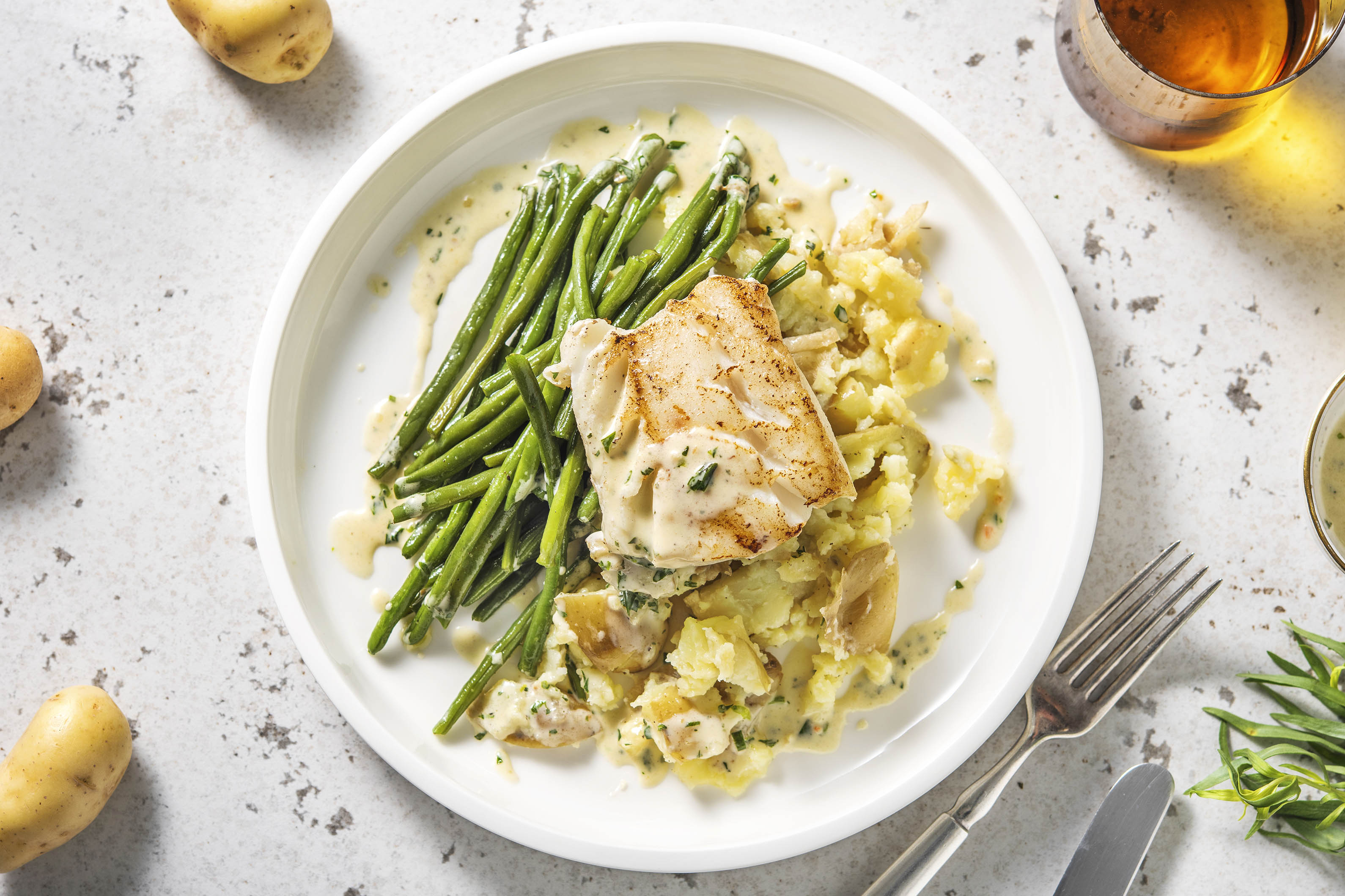 Cod with New Potatoes & Sauce Recipe | HelloFresh