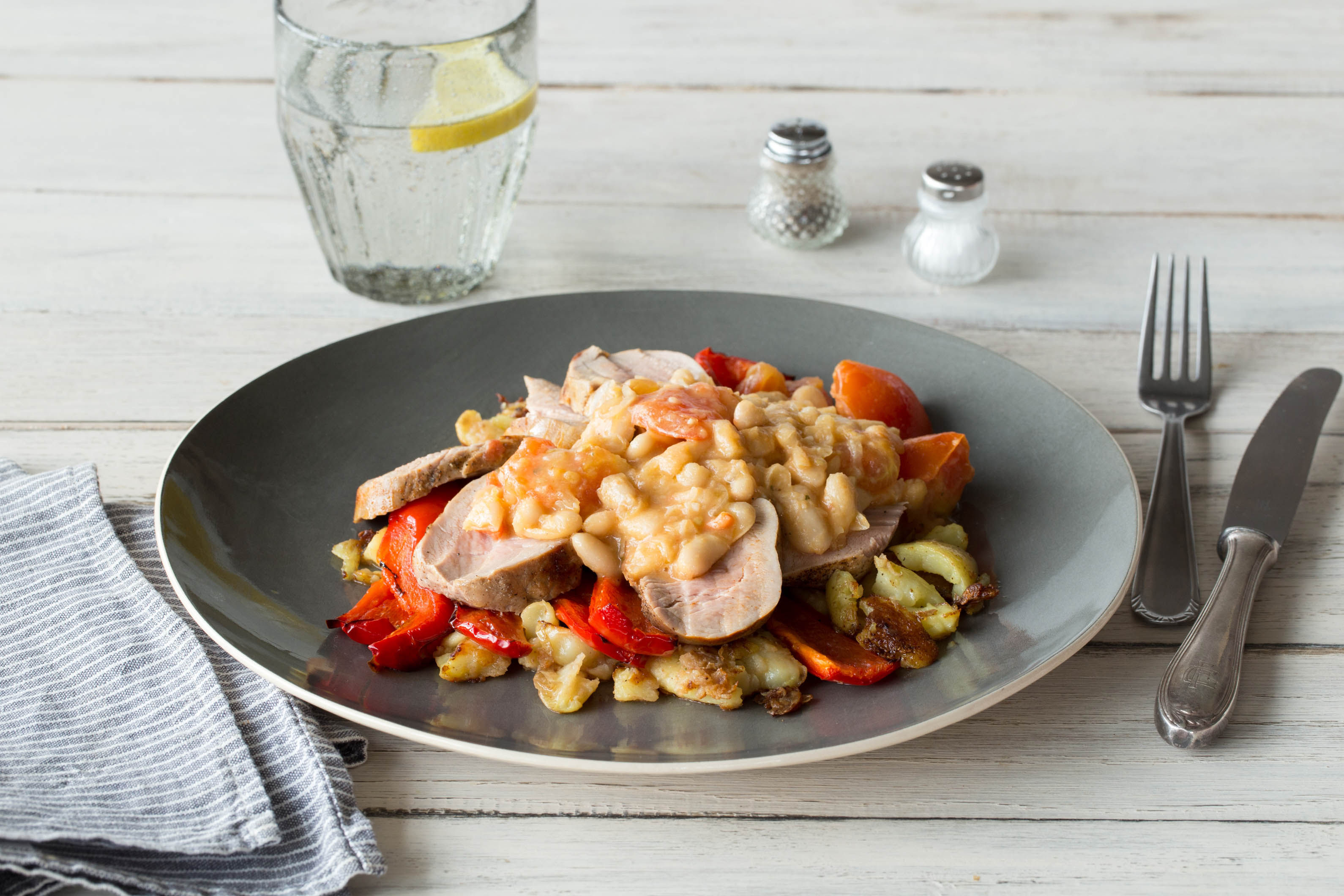 Paprika Pork with Crushed New Potatoes and Butter Bean Stew Recipe