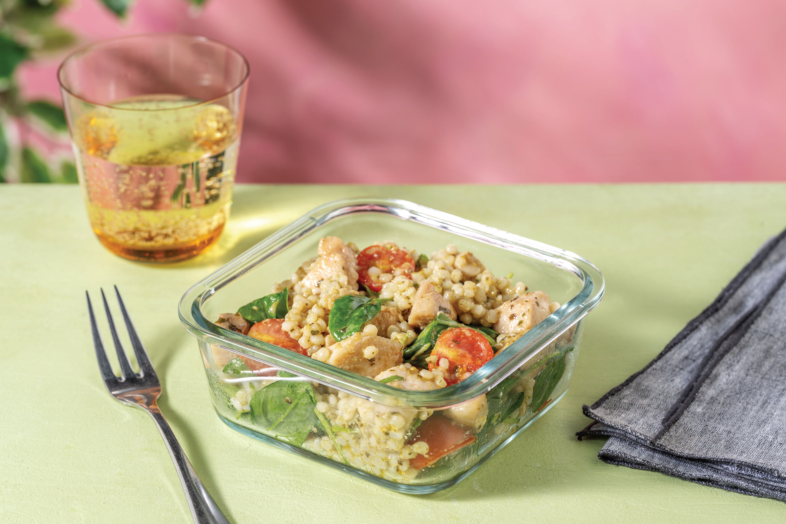 Herby Chicken & Cherry Tomato Israeli Couscous with Basil Pesto & Baby