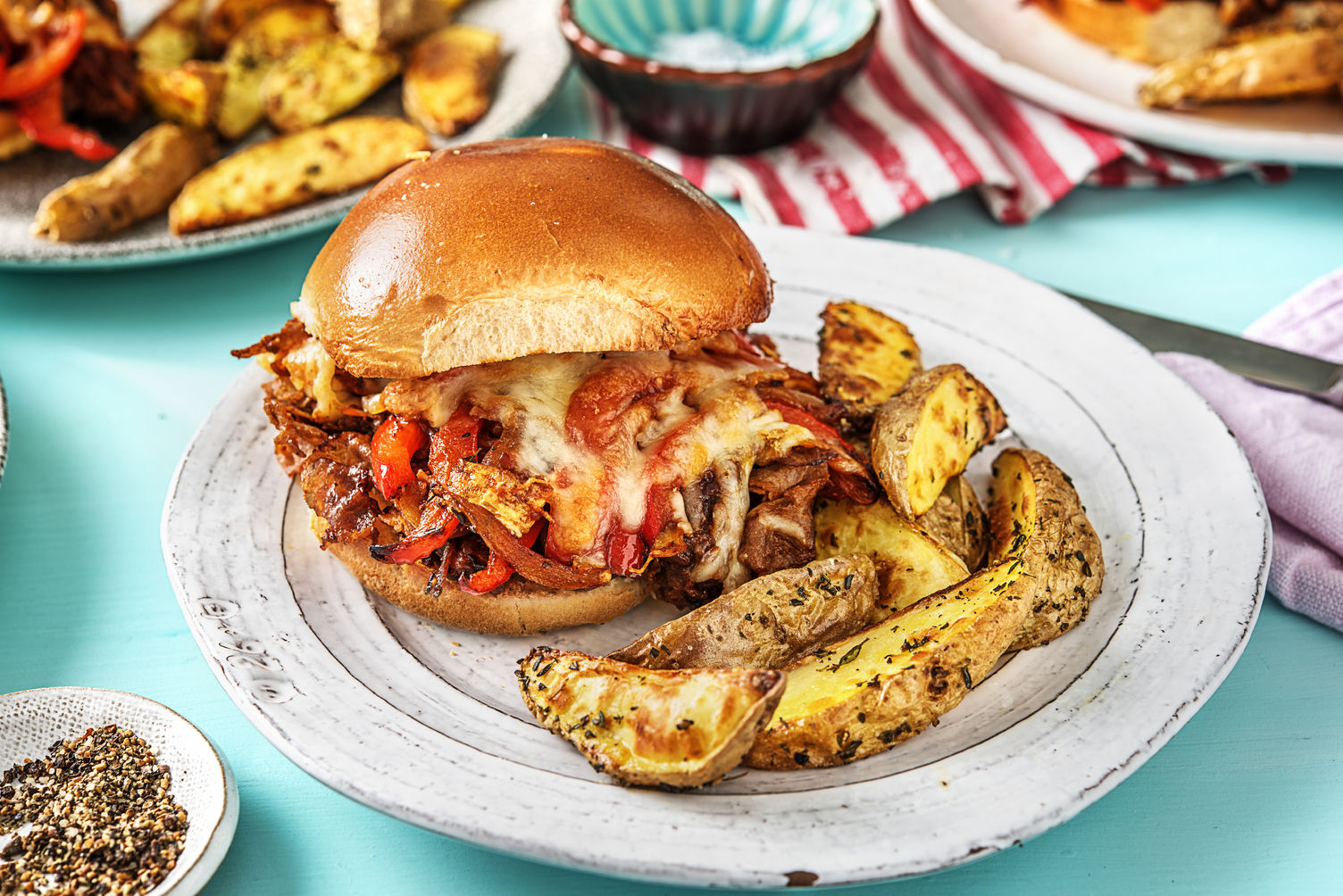 BBQ sauce, tender & juicy beef, montery jack cheese and crispy onions