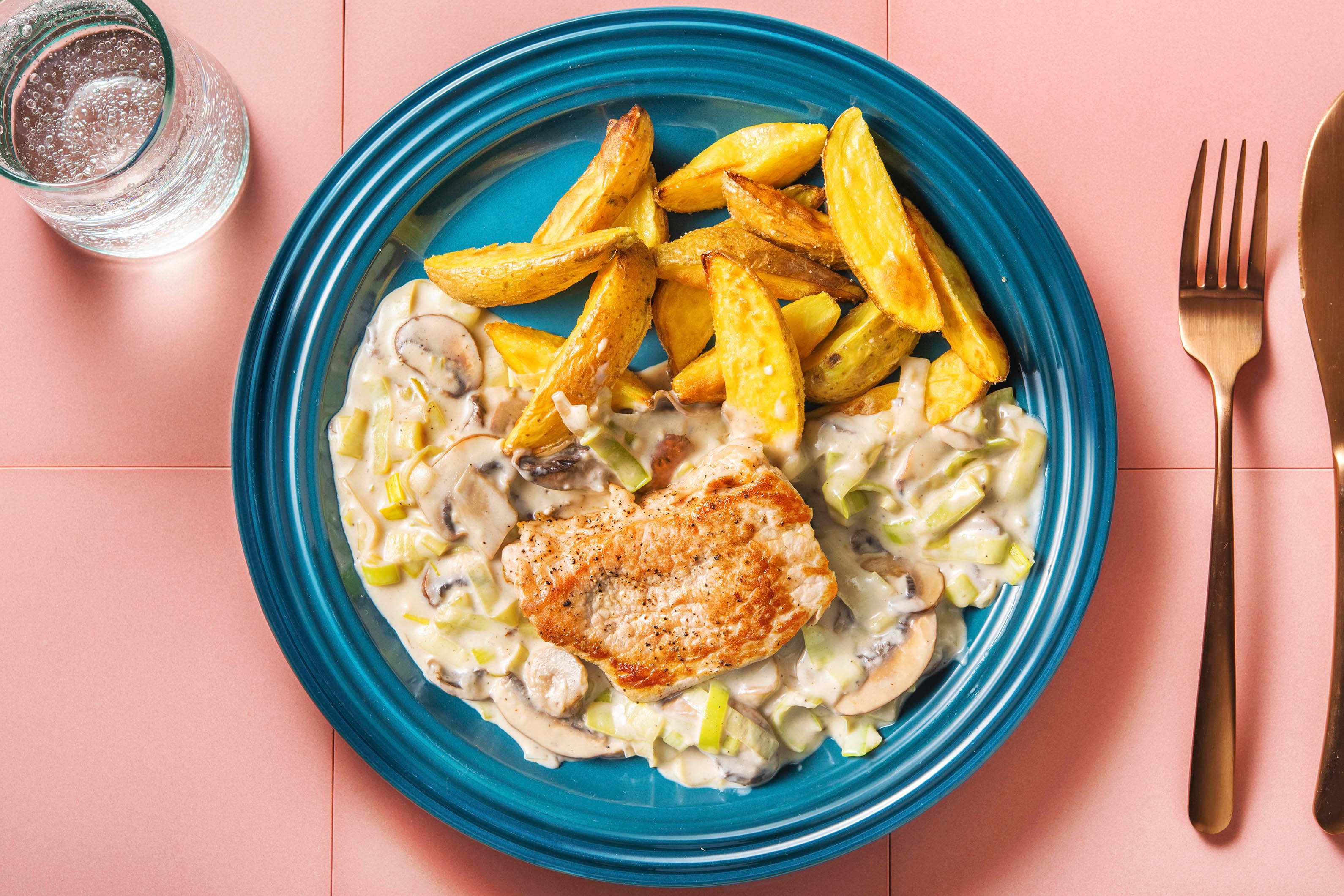 Minuten-Schweinesteak mit Kartoffelspalten Rezept | HelloFresh