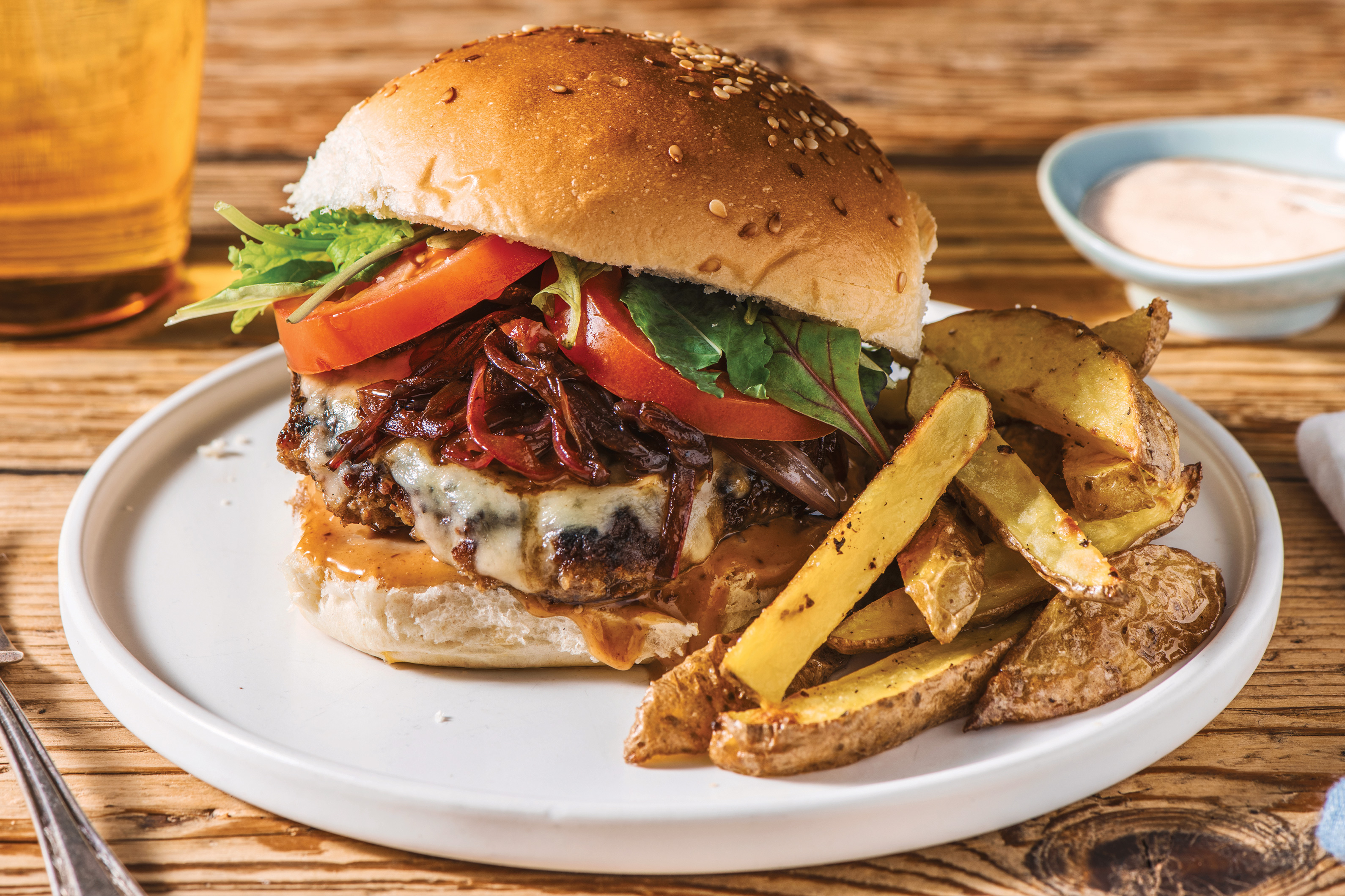 Smokey Beef Cheeseburger & Fries with Truffle Mayo & Caramelised Onion ...