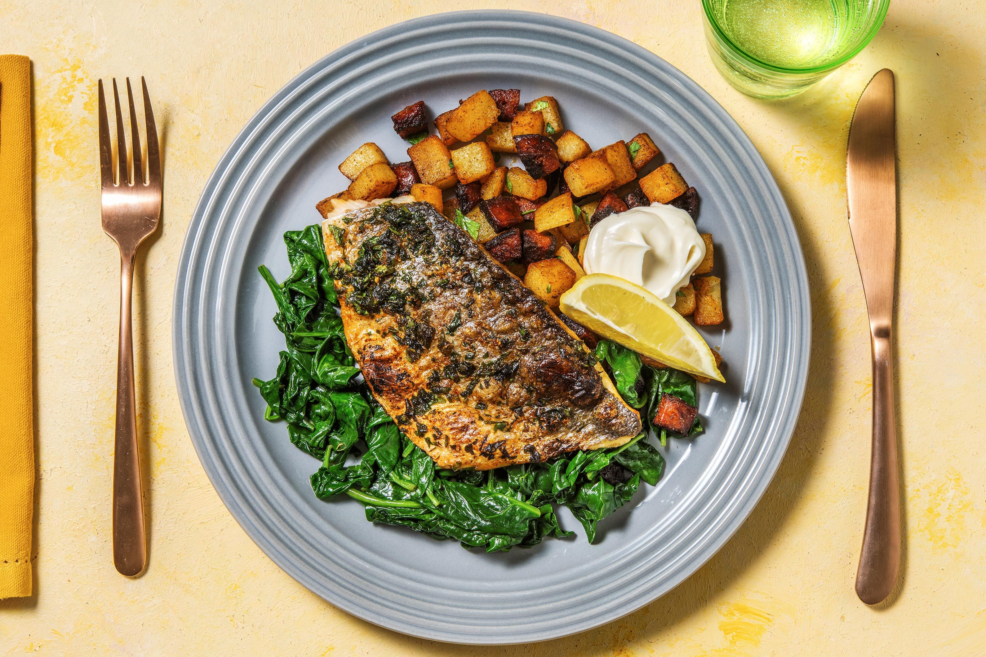 Sea Bass, Chorizo Potatoes & Spinach Recipe HelloFresh