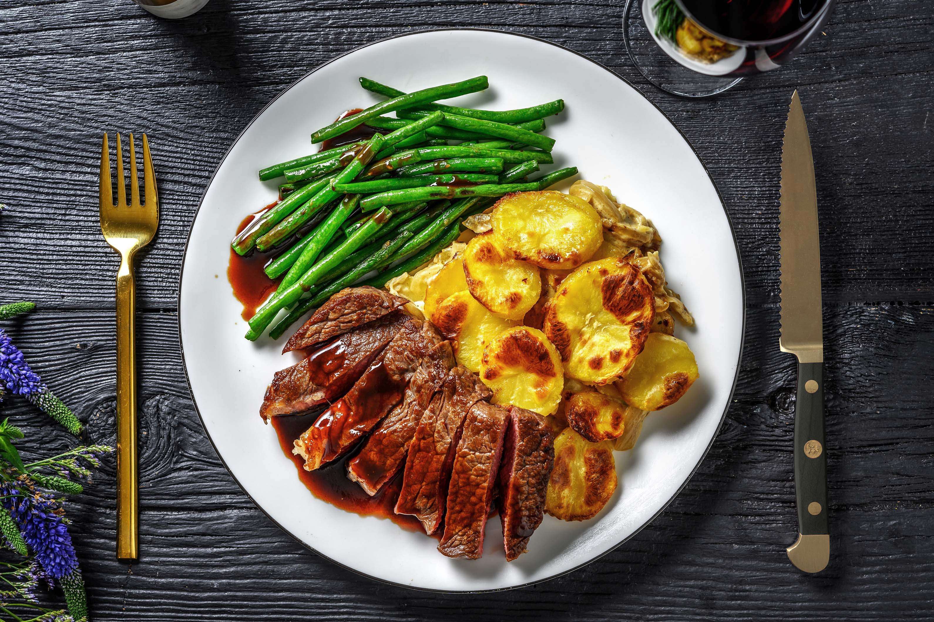 Steak With Dauphinoise Potatoes And Red Wine Jus Recipe HelloFresh Steak With Dauphinoise Potatoes And Red Wine Jus Recipe HelloFresh