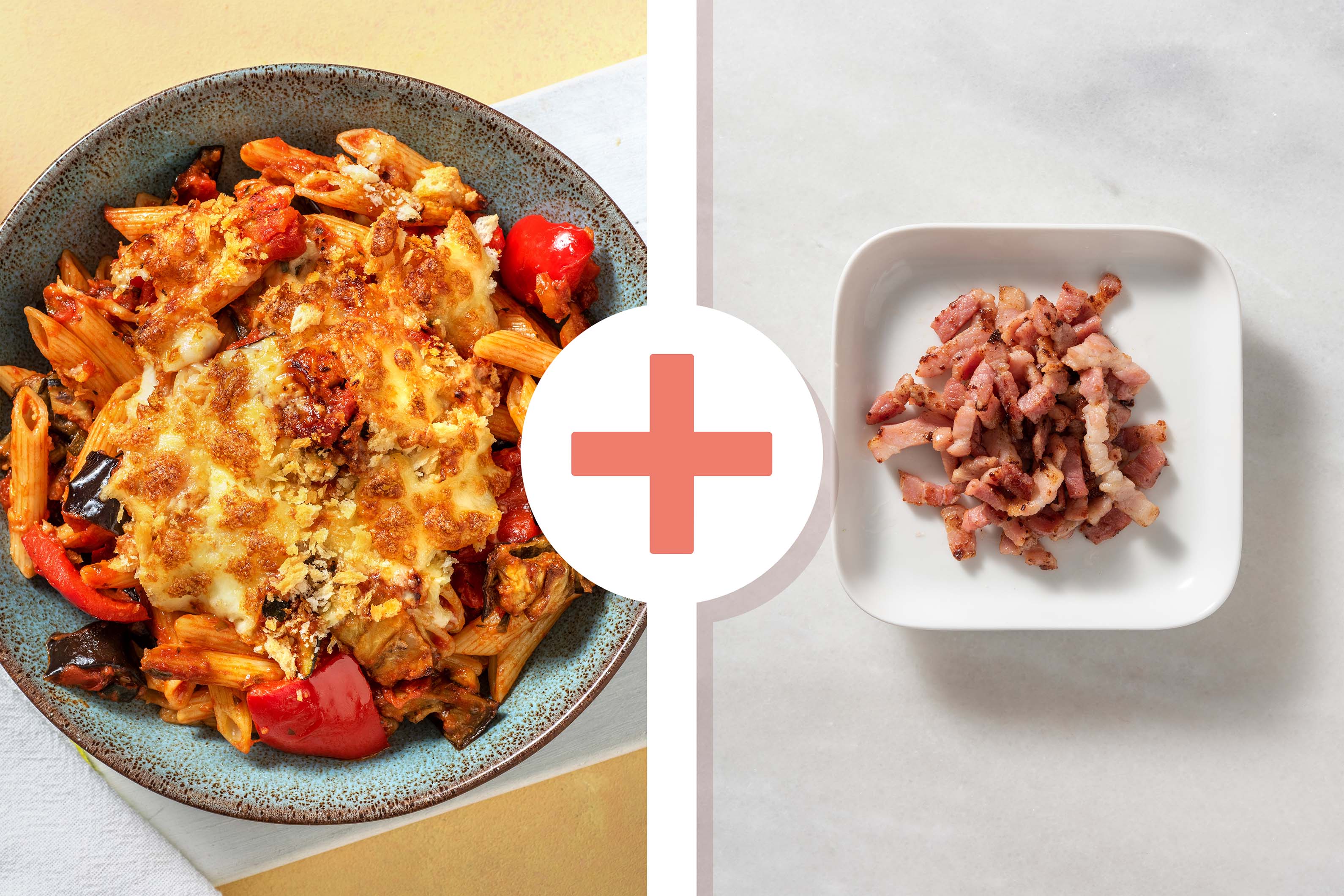 Two Cheese Ratatouille Pasta Bake with Bacon Lardons Recipe HelloFresh
