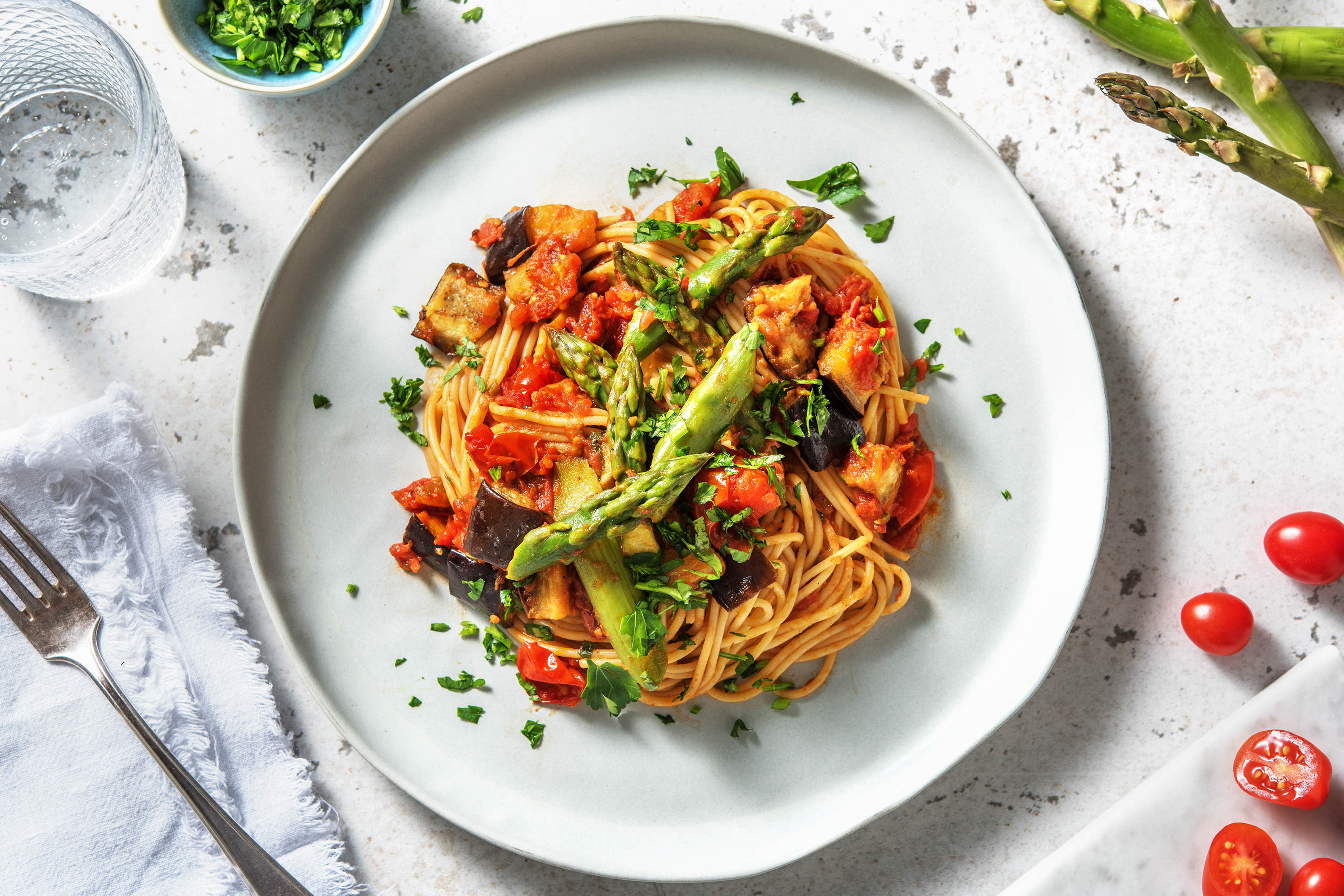 Aubergine Pasta with Tomato & Asparagus Recipe | HelloFresh