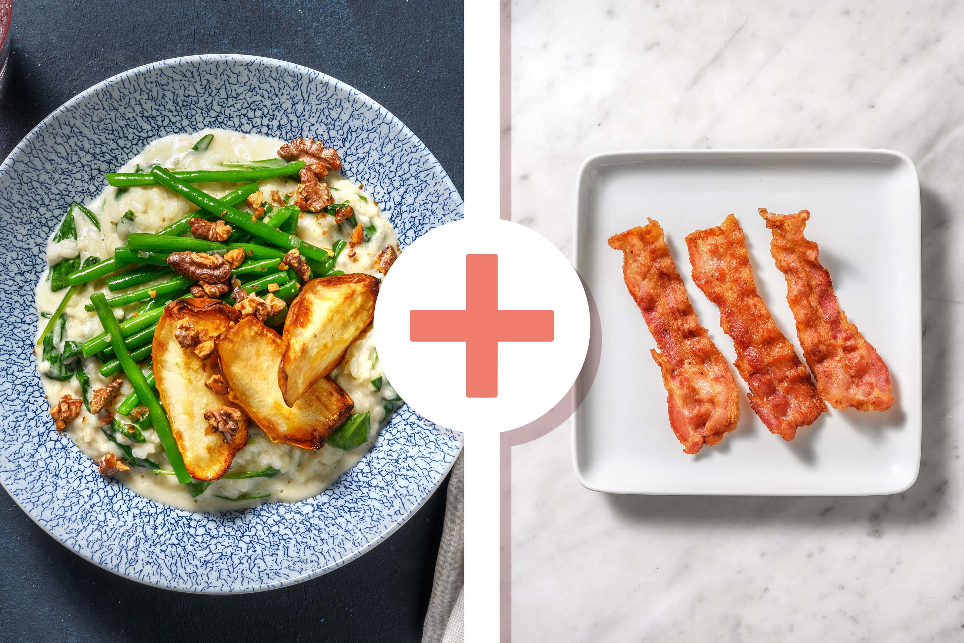 Ziegenkäse-Risotto mit gebackener Birne und extra Bacon Rezept | HelloFresh