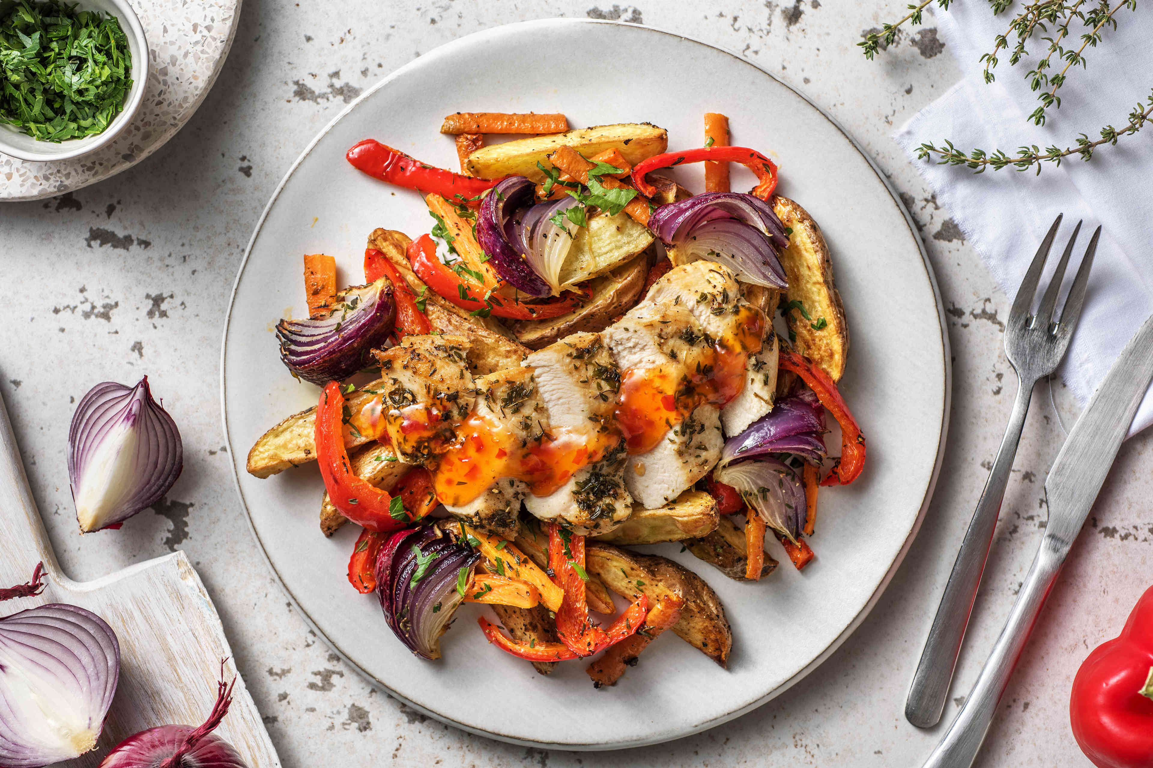 Thyme Roast Chicken with Roast Veggies Recipe HelloFresh