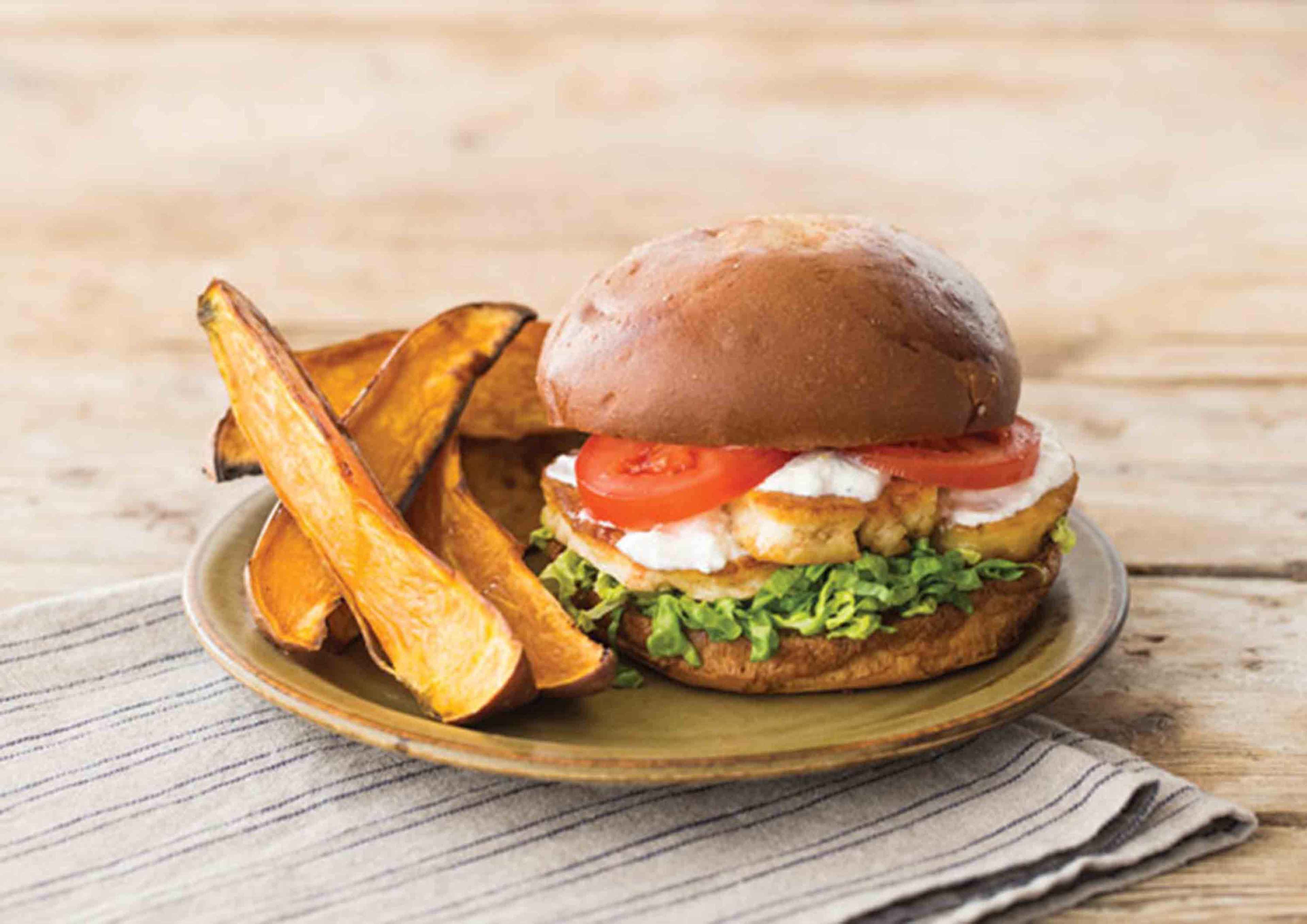 Cajun Halloumi Burgers with Chunky Sweet Potato Chips Recipe HelloFresh