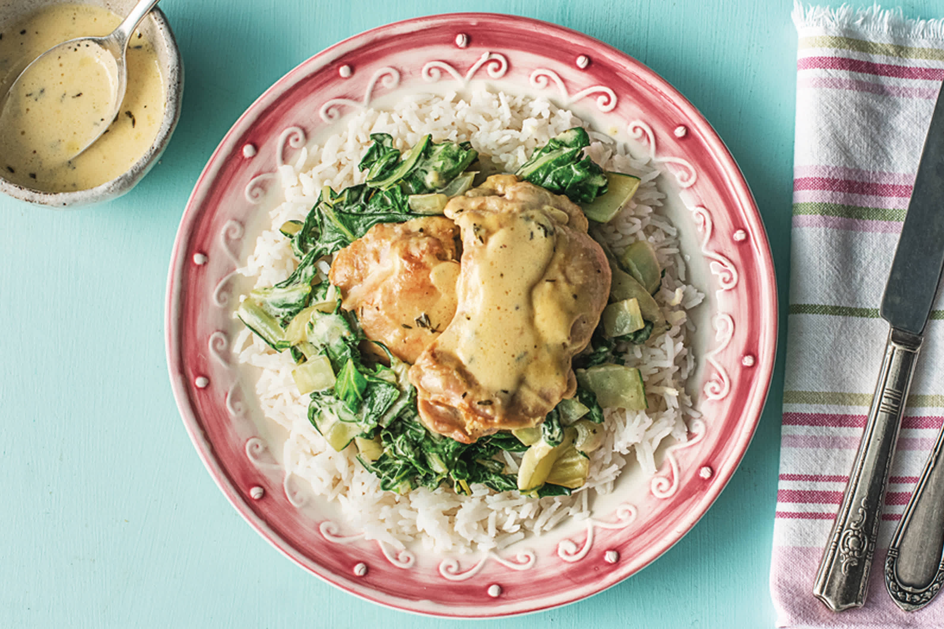 Fragrant Chicken And Silverbeet With Creamy Garlic And Thyme Sauce Recipe Hellofresh 7908