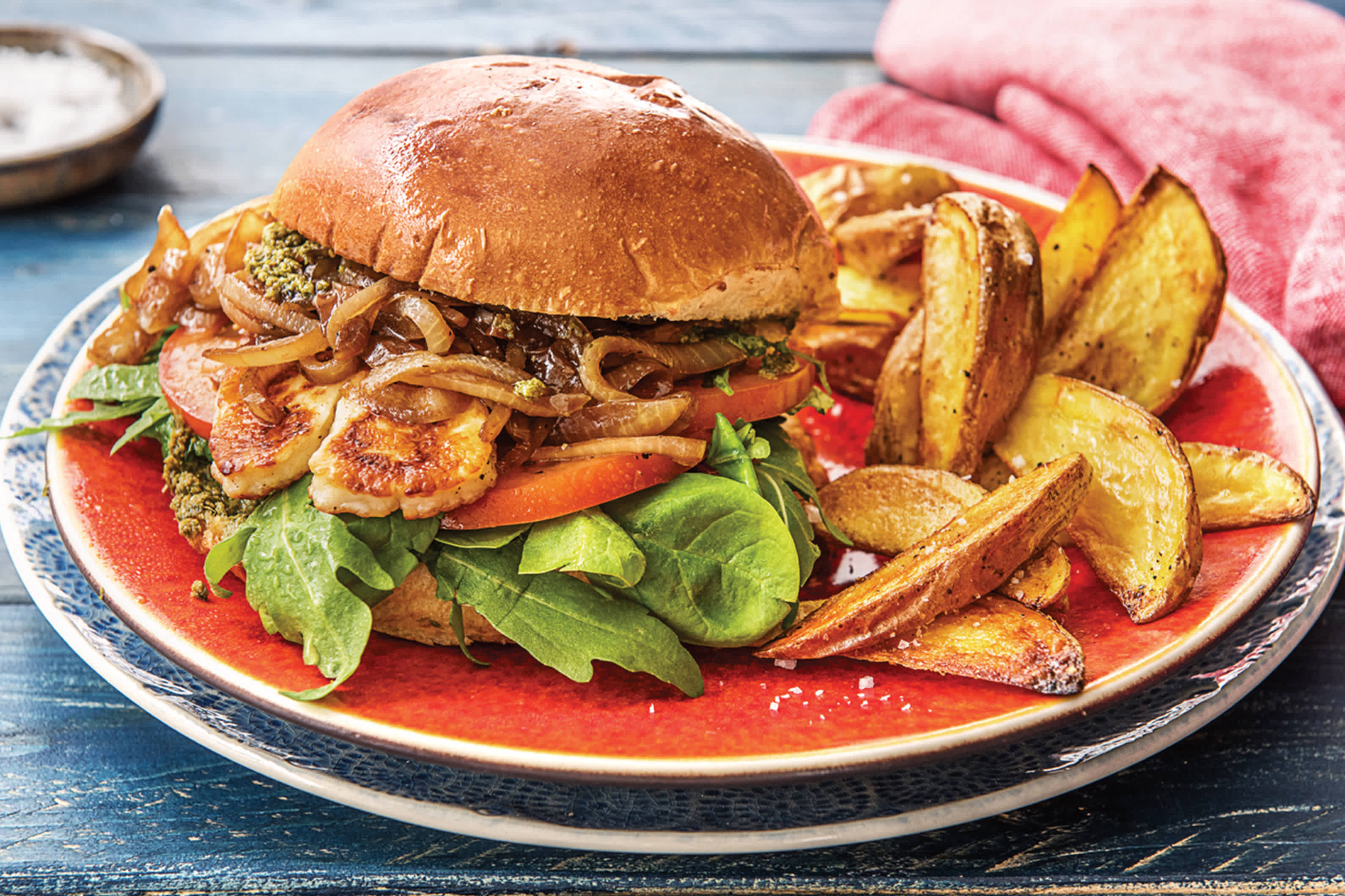 Haloumi Pesto Burger with Wedges Recipe HelloFresh