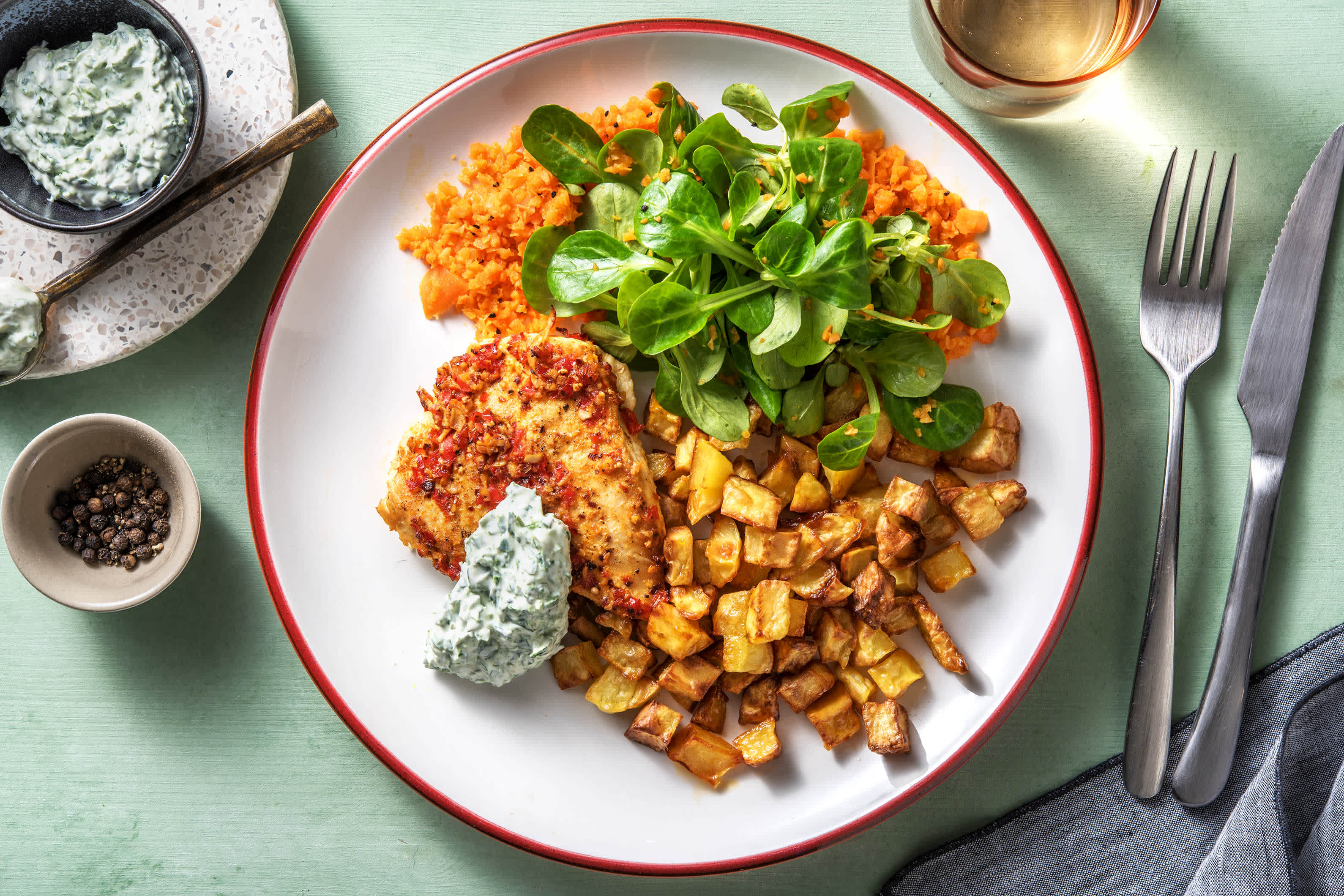 Scharfes Hähnchen mit Karotten-Feldsalat Rezept | HelloFresh Scharfes Hähnchen mit Karotten-Feldsalat Rezept | HelloFresh