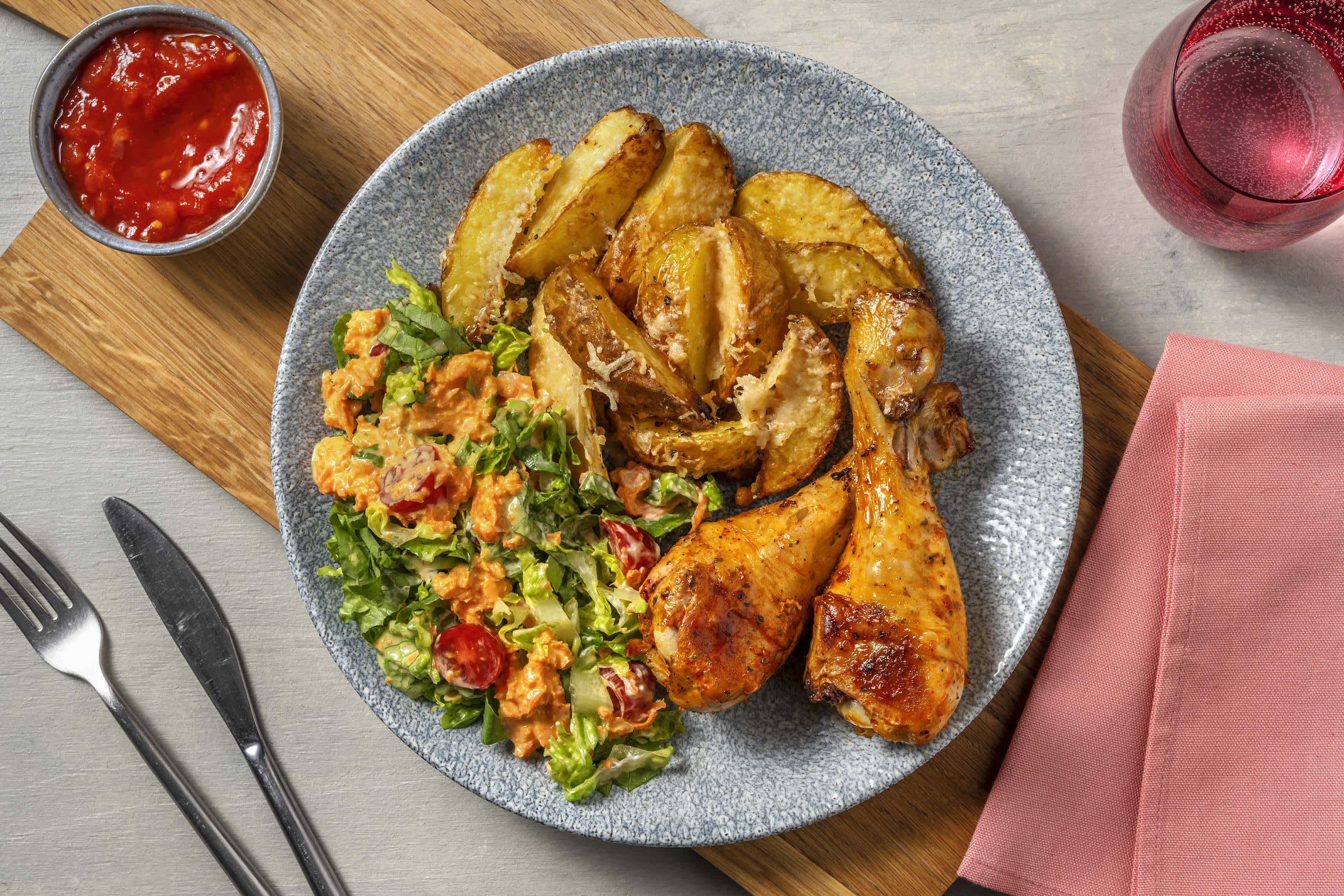 Würzige Chicken Drumsticks mit Rüeblisalat
