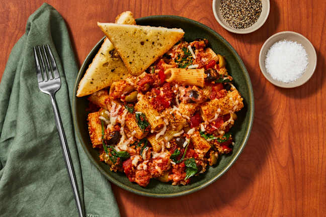 Pasta Puttanesca Bake with Plant-Based Mozzarella