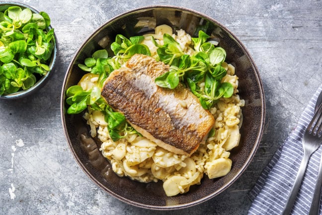 Risotto avec de la racine de persil et un filet de merlu