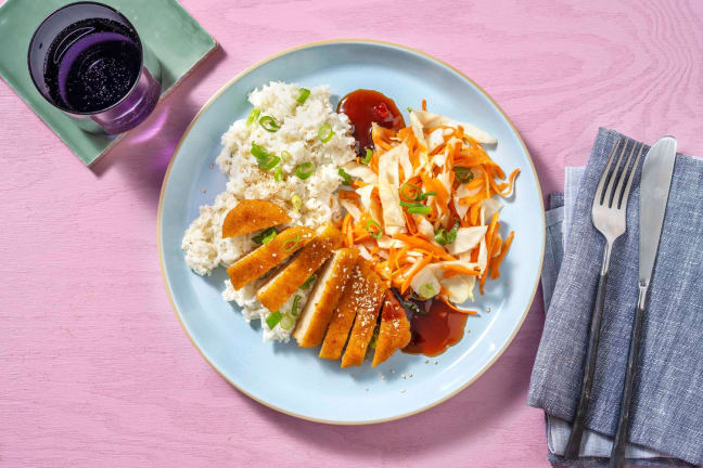 Rijstsalade met vegetarische schnitzel en sesam-gemberdressing
