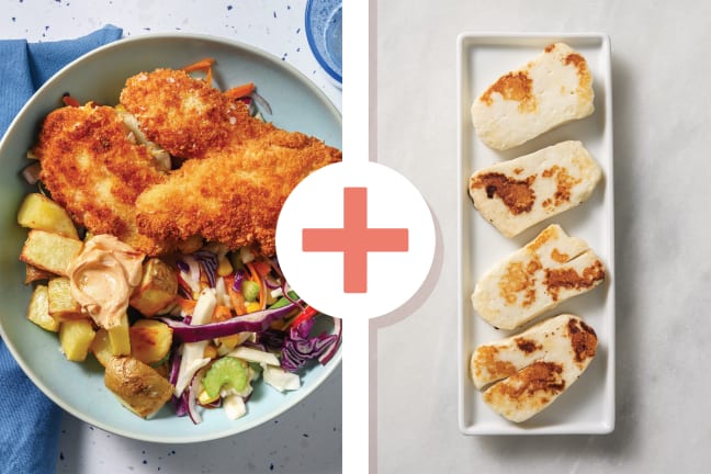 Parmesan-Crumbed Chicken Tenders & Haloumi