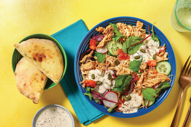 Middle Eastern Pulled Chicken Salad with Flatbreads & Tahini