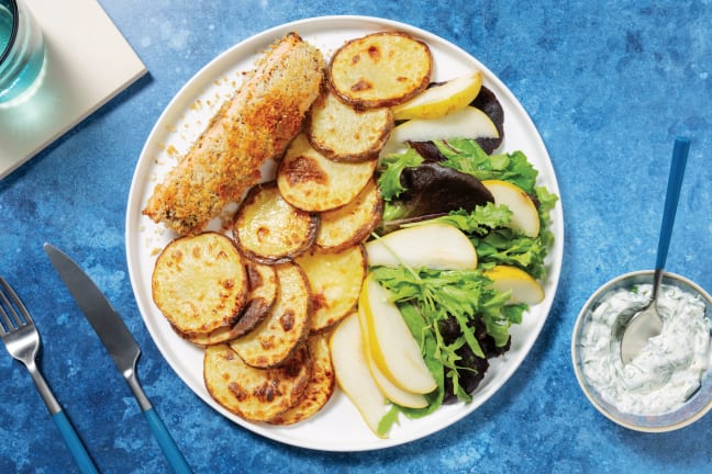 Crumbed Salmon & Golden Potato Rounds