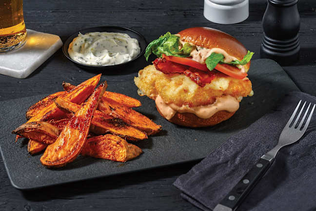 Chicken Schnitzel & Caramelised Bacon Burger