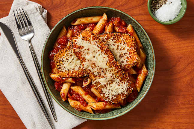 Crispy Eggplant over Penne Marinara